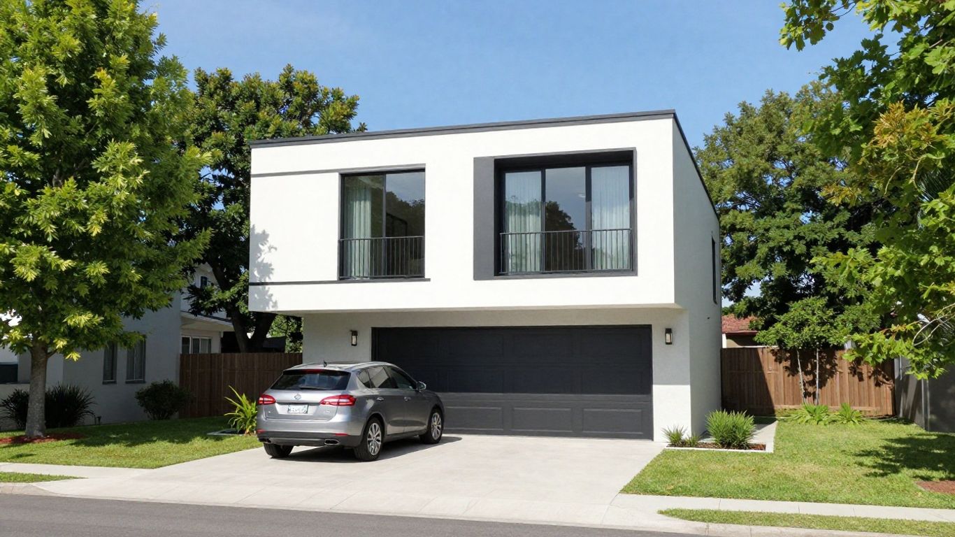 Maison avec allée et garage, environnement verdoyant.