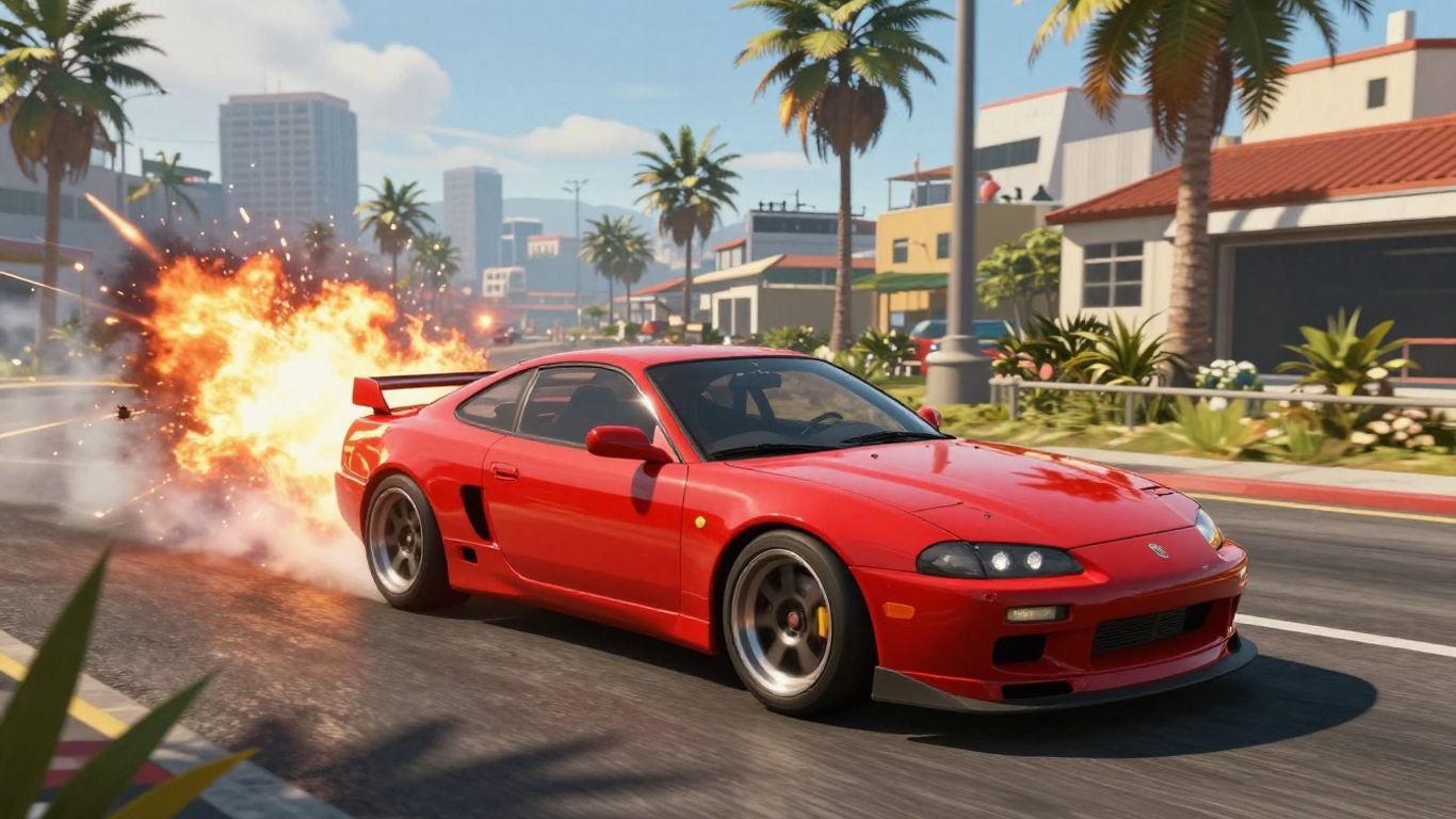 Burnout Paradise Remastered car drifting with explosions.