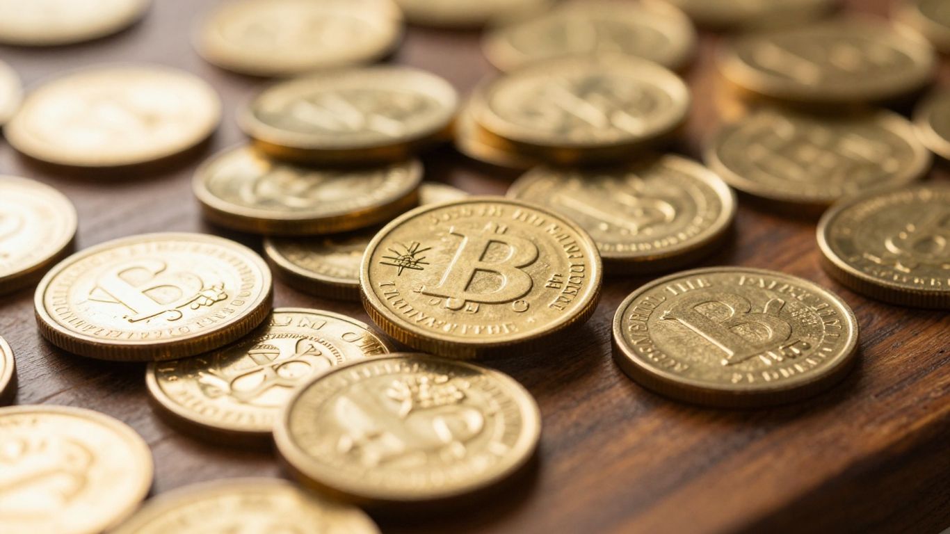木桌上的金条和金币