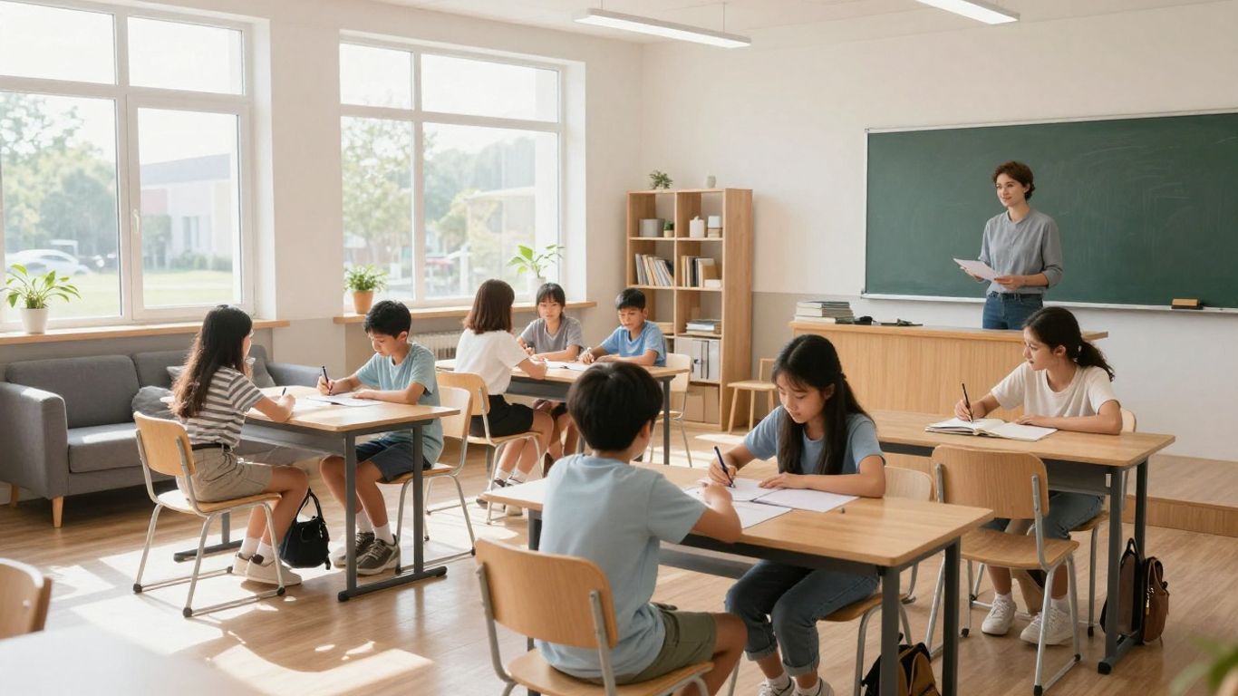 Sala de aula moderna com alunos aprendendo português.