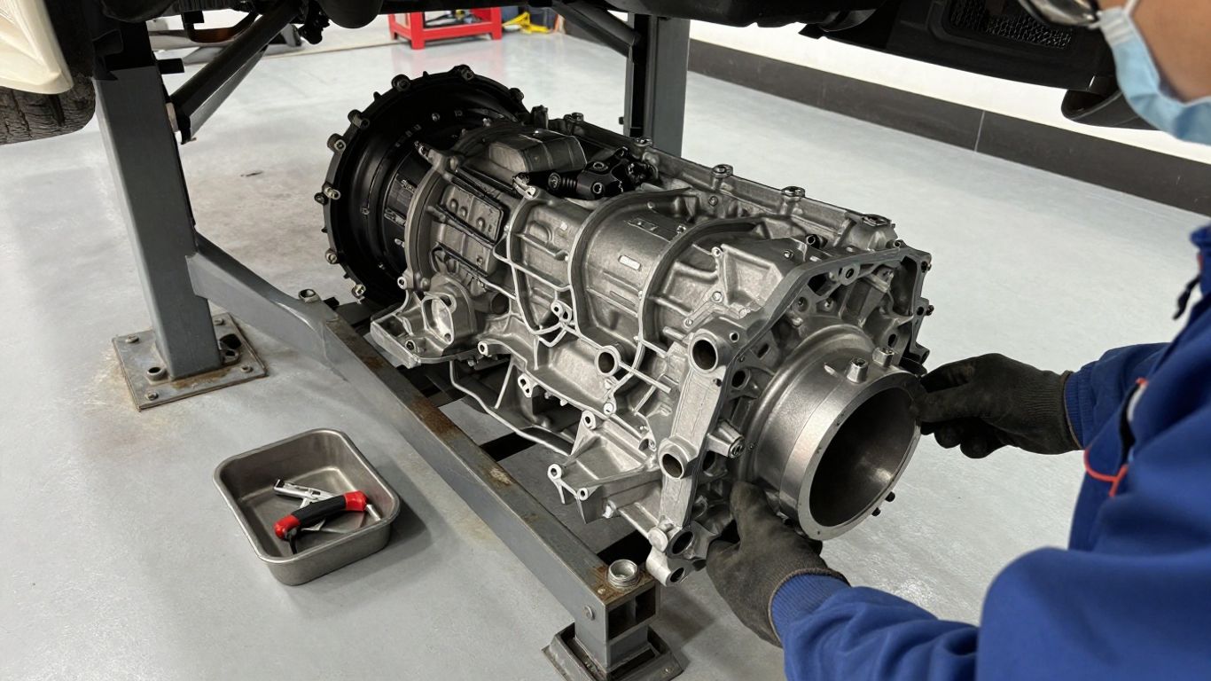 Manual gearbox beneath a raised vehicle