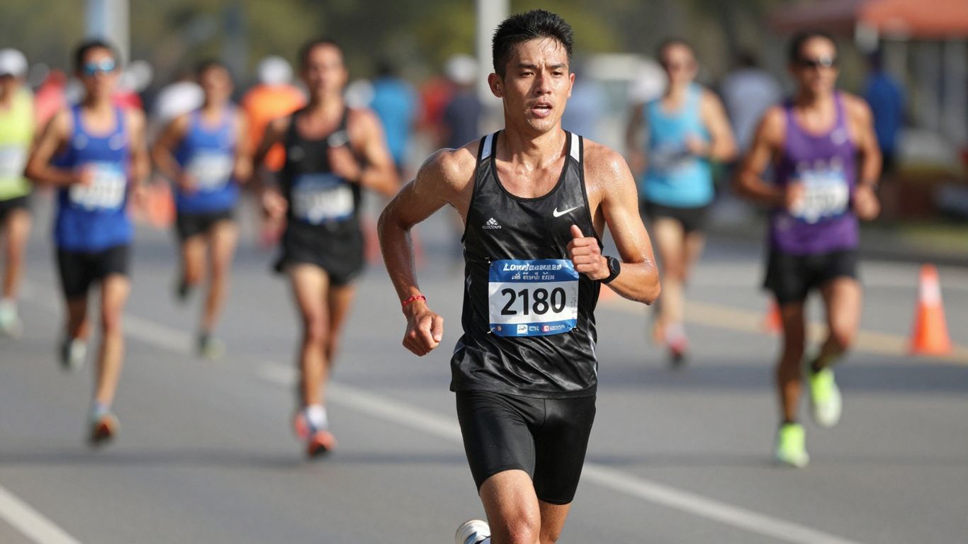 Runner at marathon pace, focused and determined.