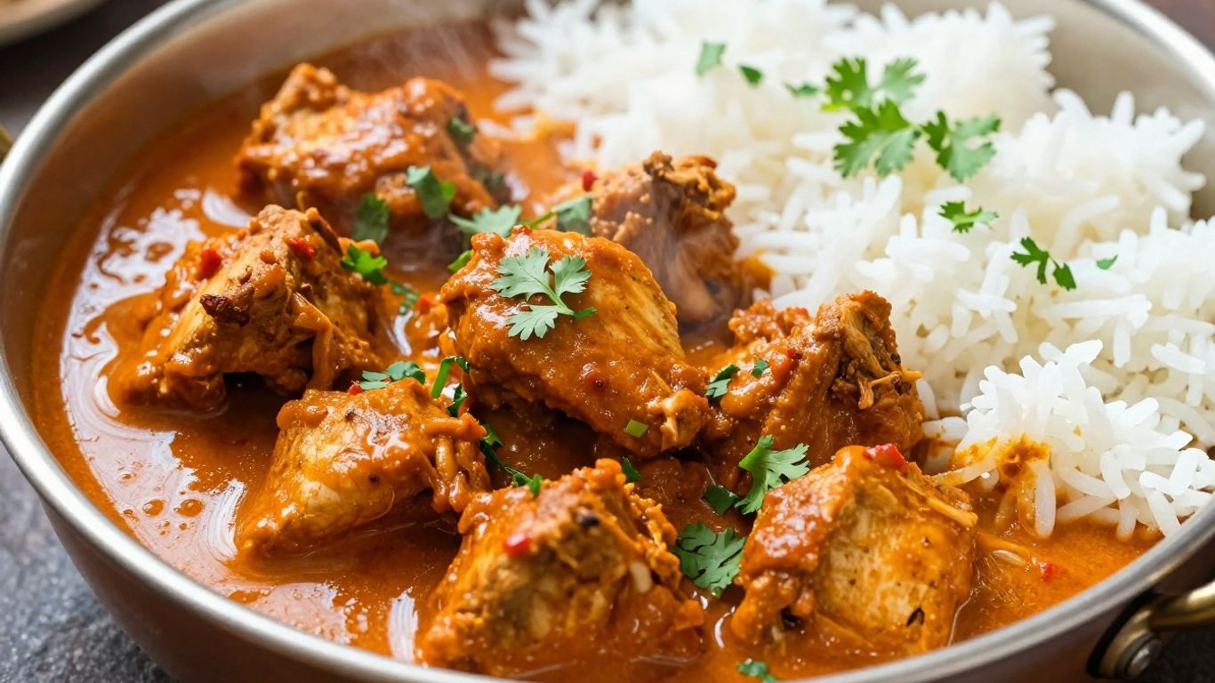Slow cooker Indian curry chicken with rice and cilantro.