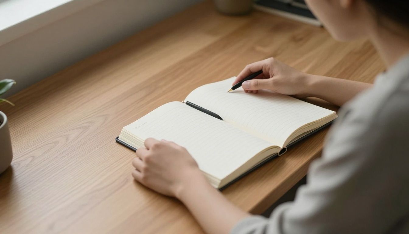 A person sitting at a minimalist wooden desk, looking at an open journal with focus and calm, captured in soft, natural morning light, emphasizing intentionality and self-reflection.