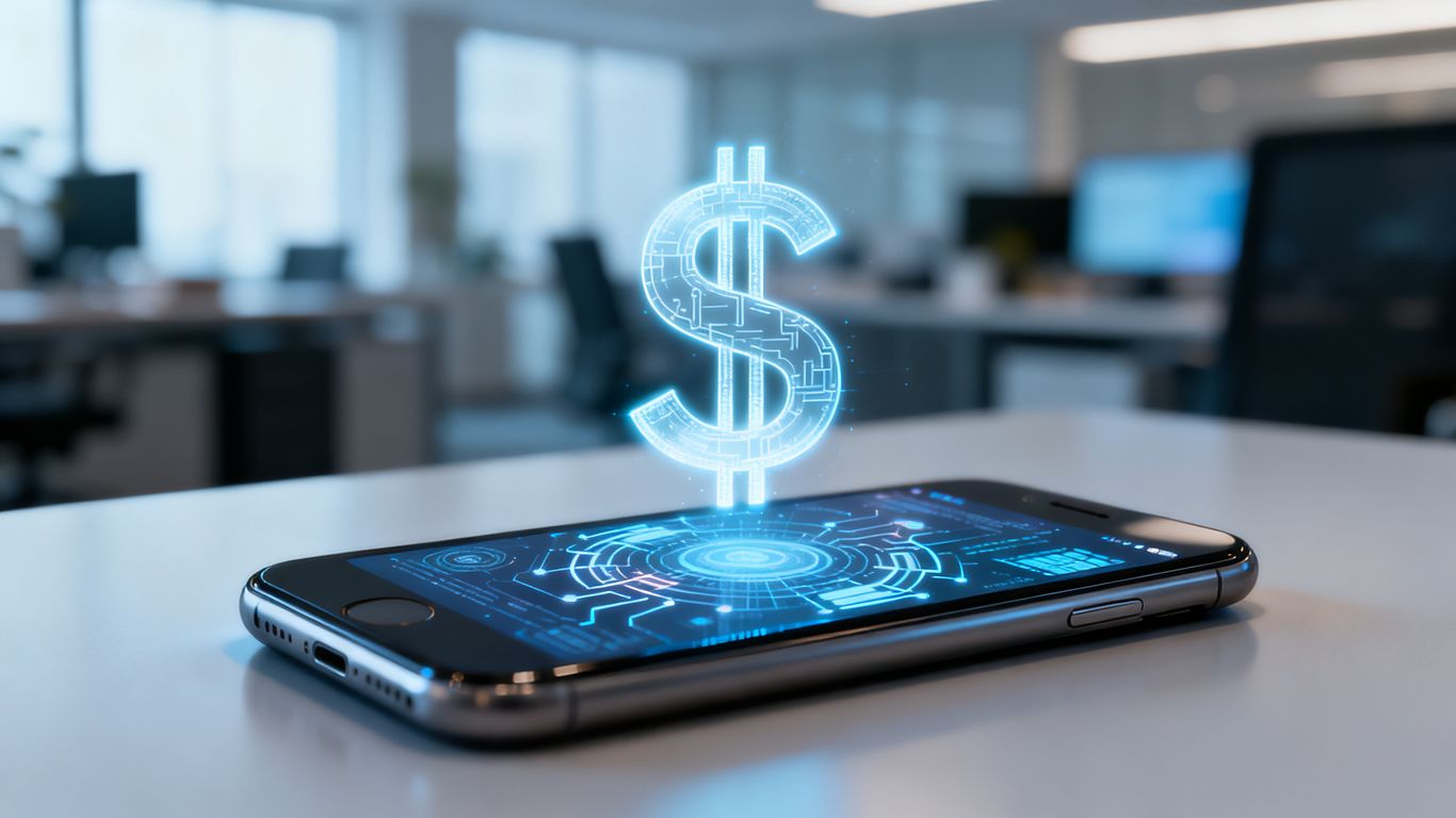 iPhone screen with AI graphic and dollar sign.
