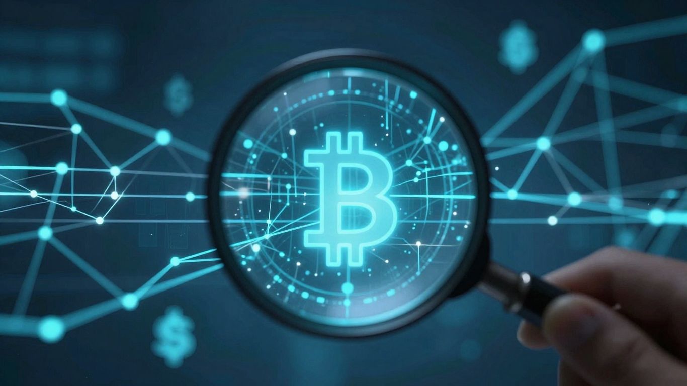 Magnifying glass over glowing digital network tracing crypto assets.