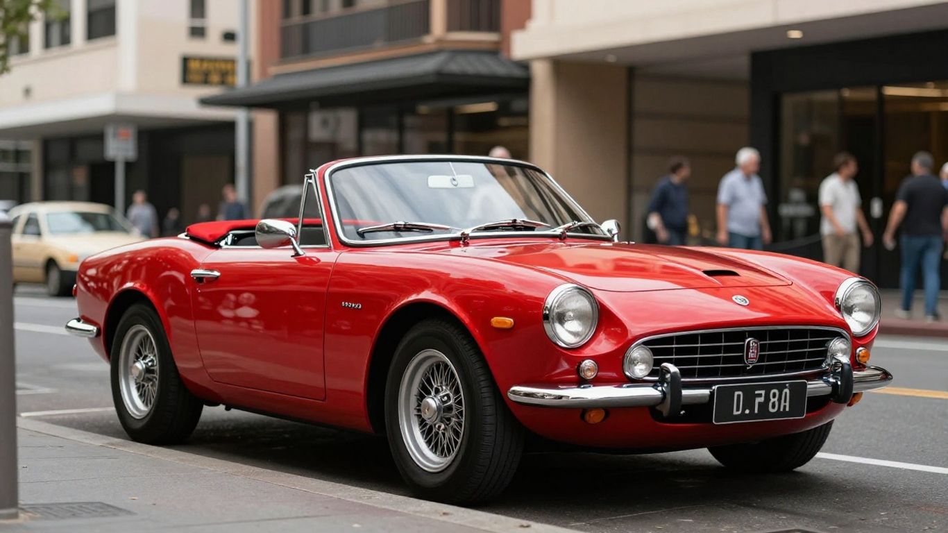 Classic red Fiat 124 Spider parked on a Sydney street.