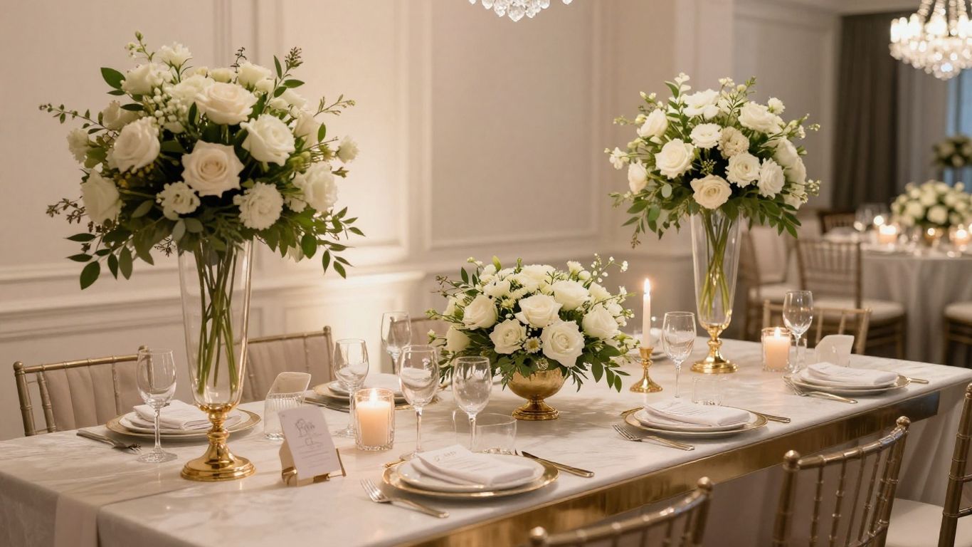 Elegant baby shower venue in Dallas with flowers and table setting.