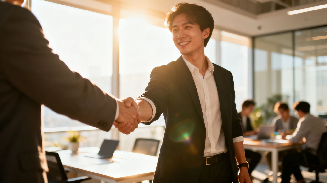 Confident handshake in a modern office.