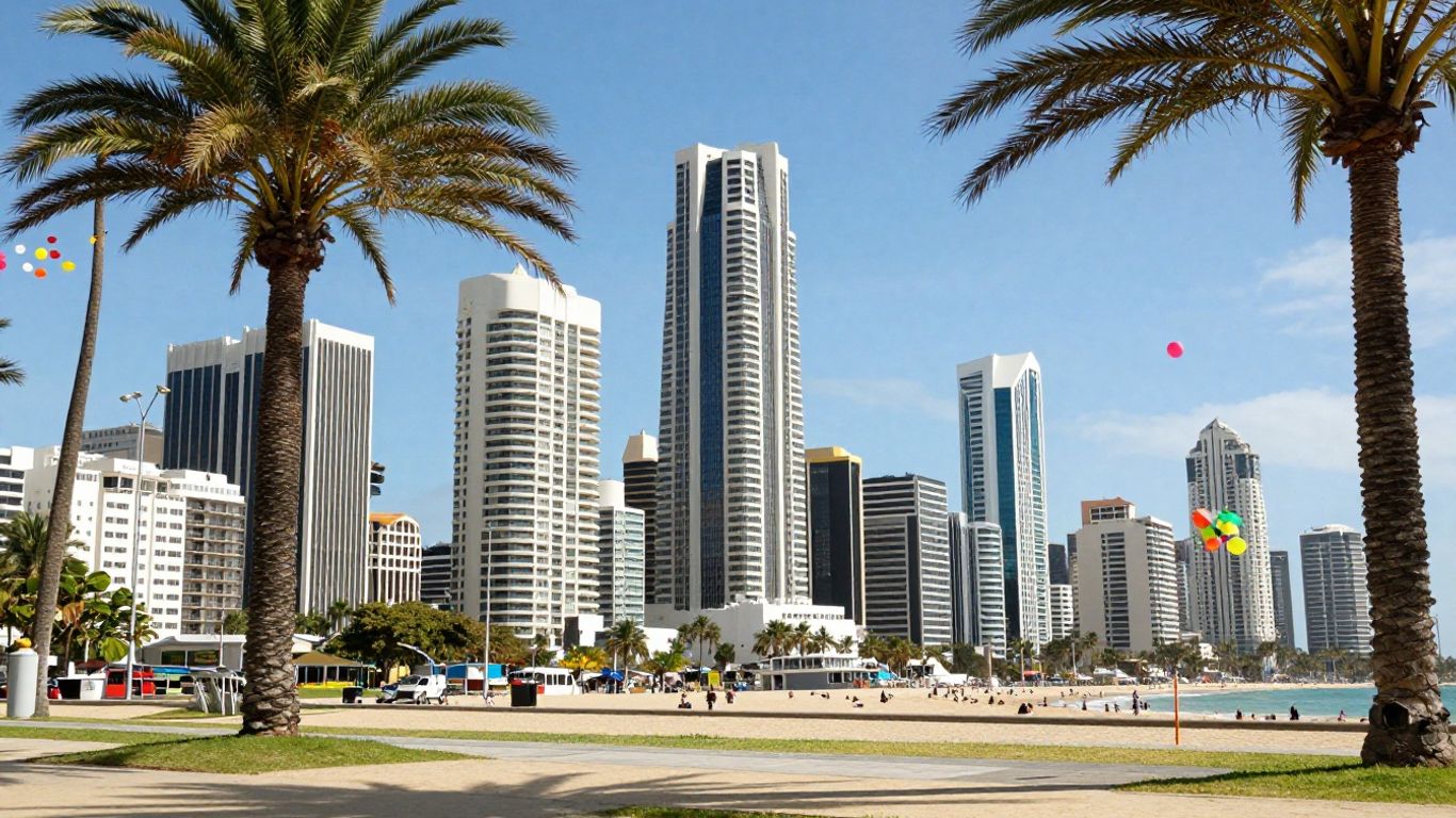 Gold Coast skyline with beaches and festive decorations.