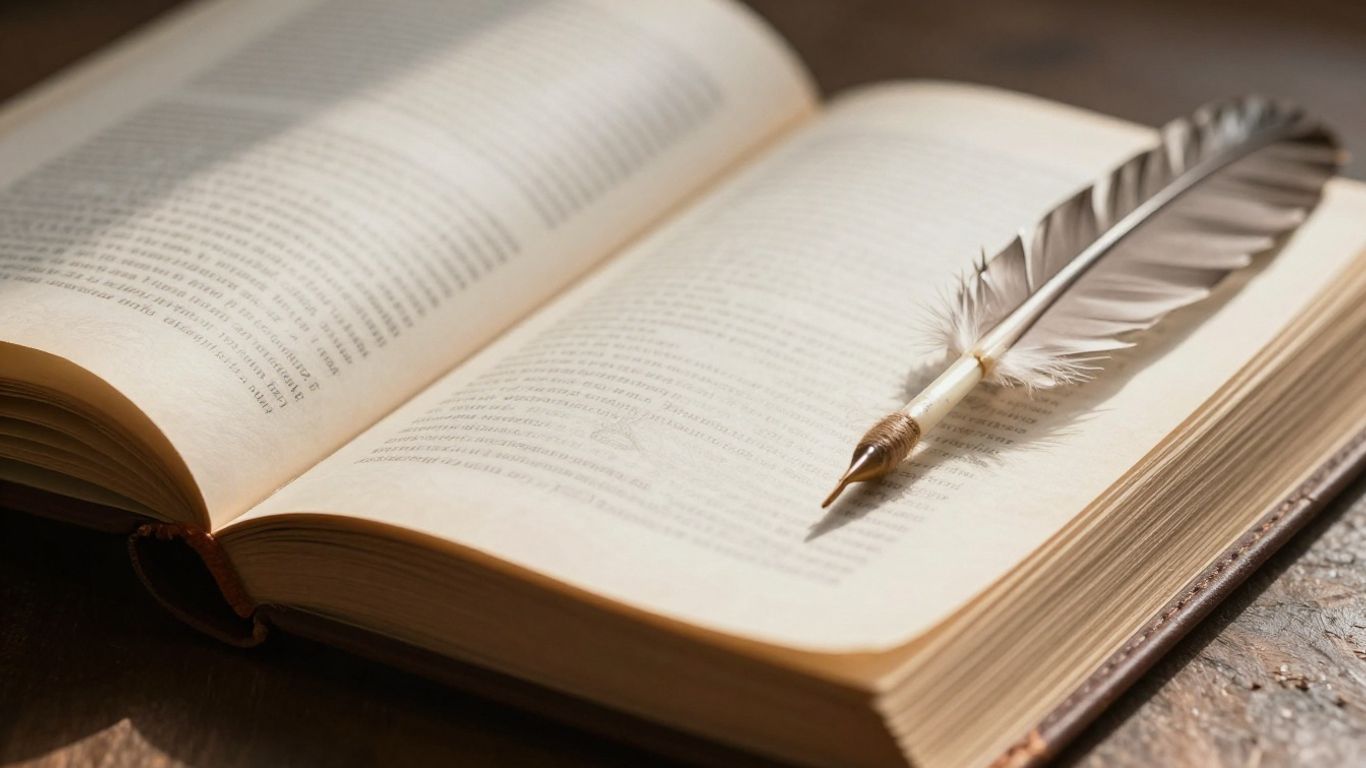Open trading book with quill, bathed in sunlight.