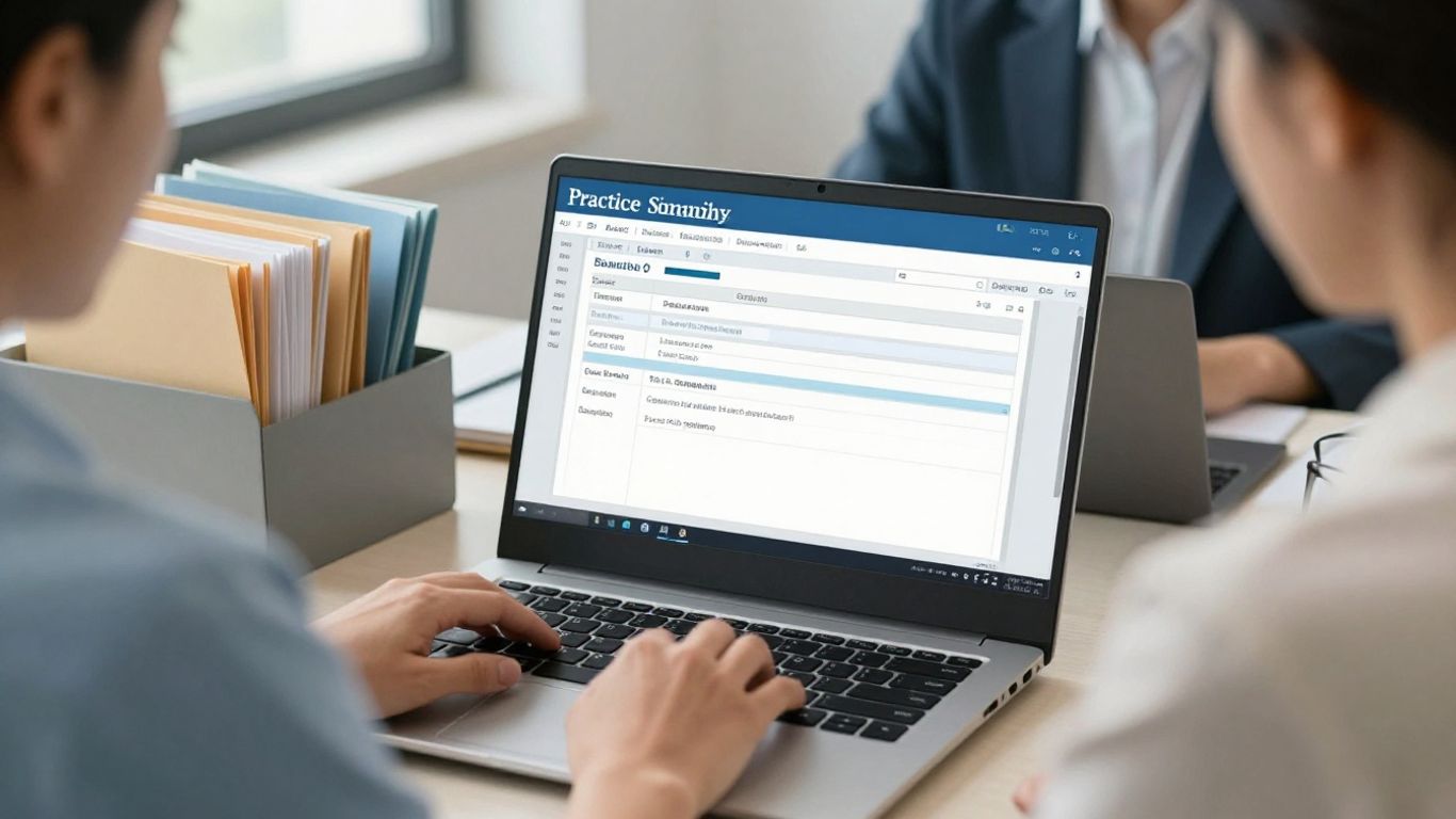 Secure billing review with laptop and patient files