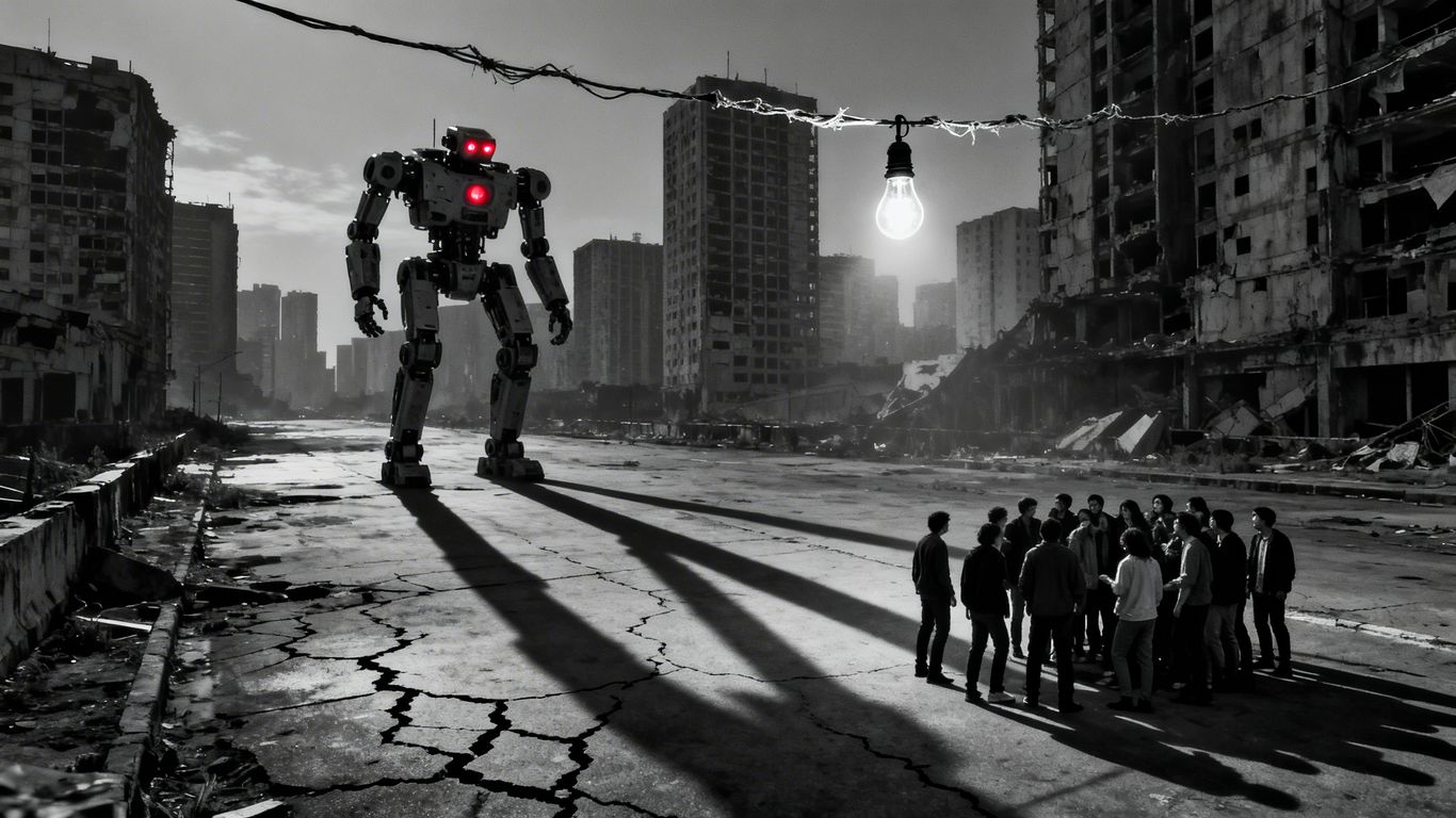 Robots loom over anxious people in a desolate cityscape.
