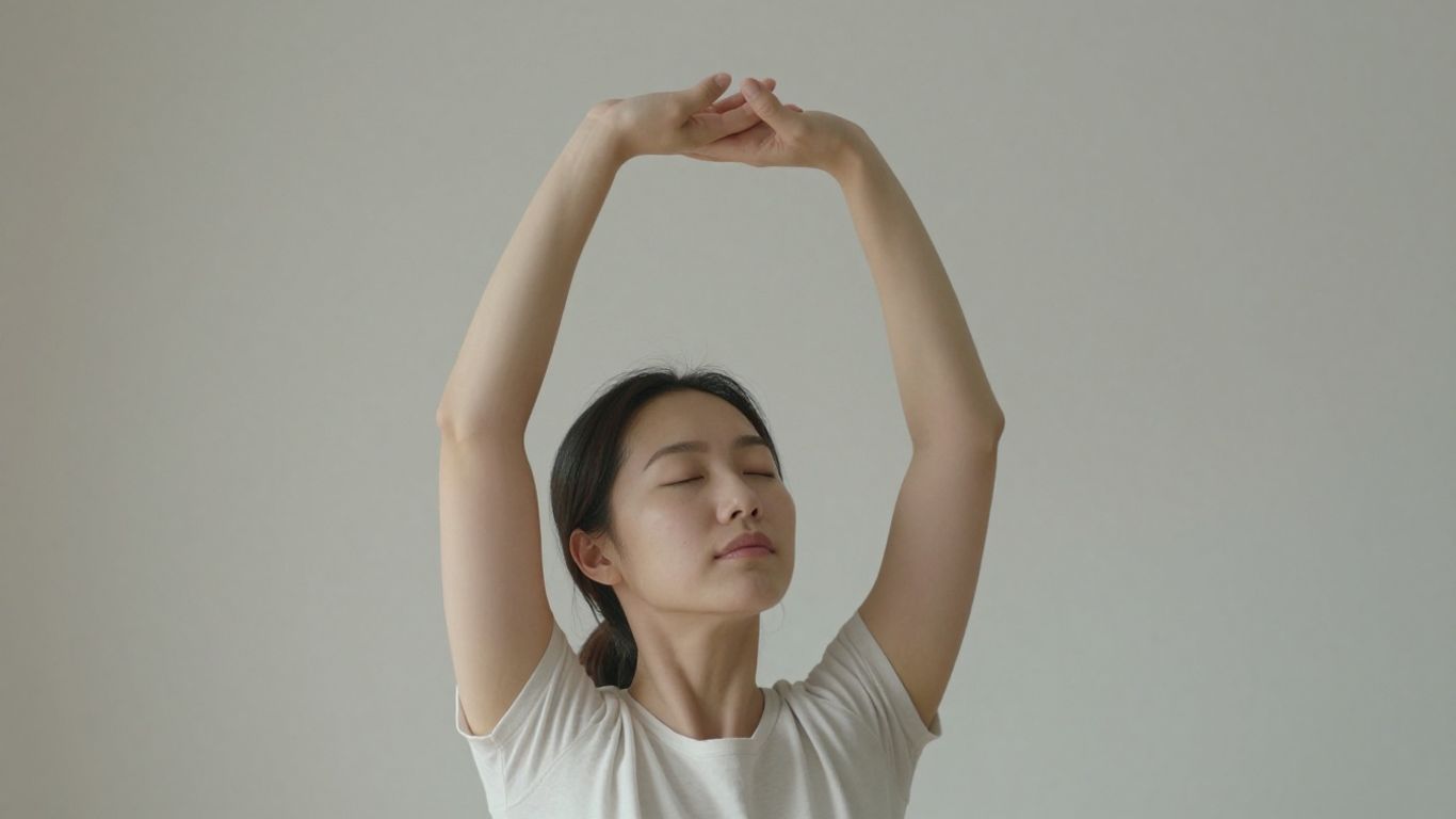 Person stretching peacefully in natural light.