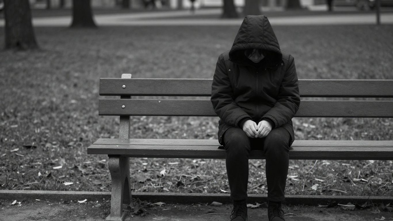 Person sitting alone on a park bench, looking down.
