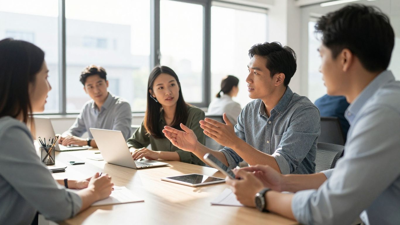 People discussing in a modern, bright office.