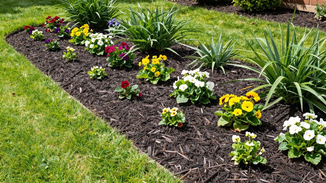 Crisp garden edging with fresh rock mulch and plants.