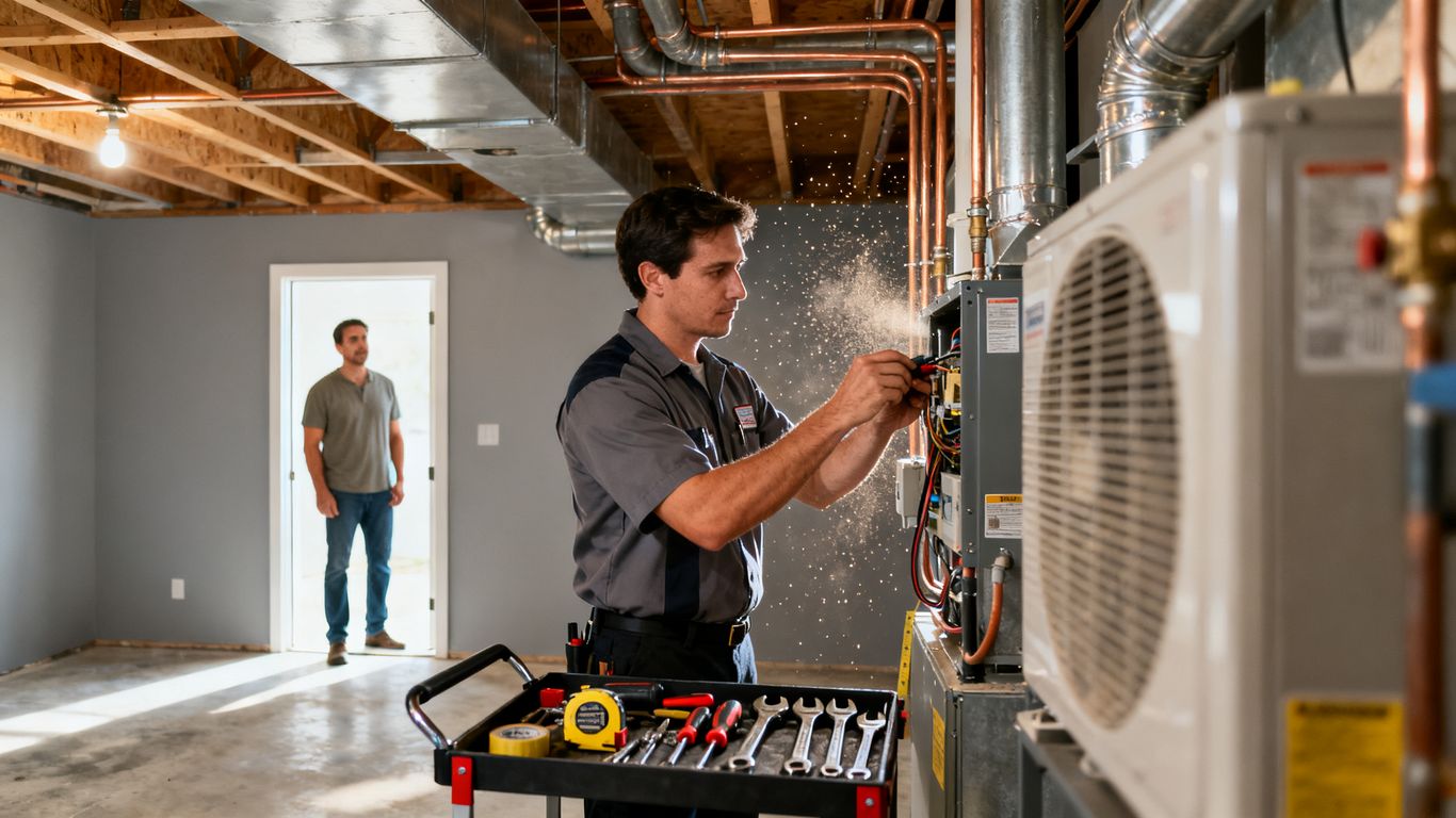 Technician installing an air conditioning system