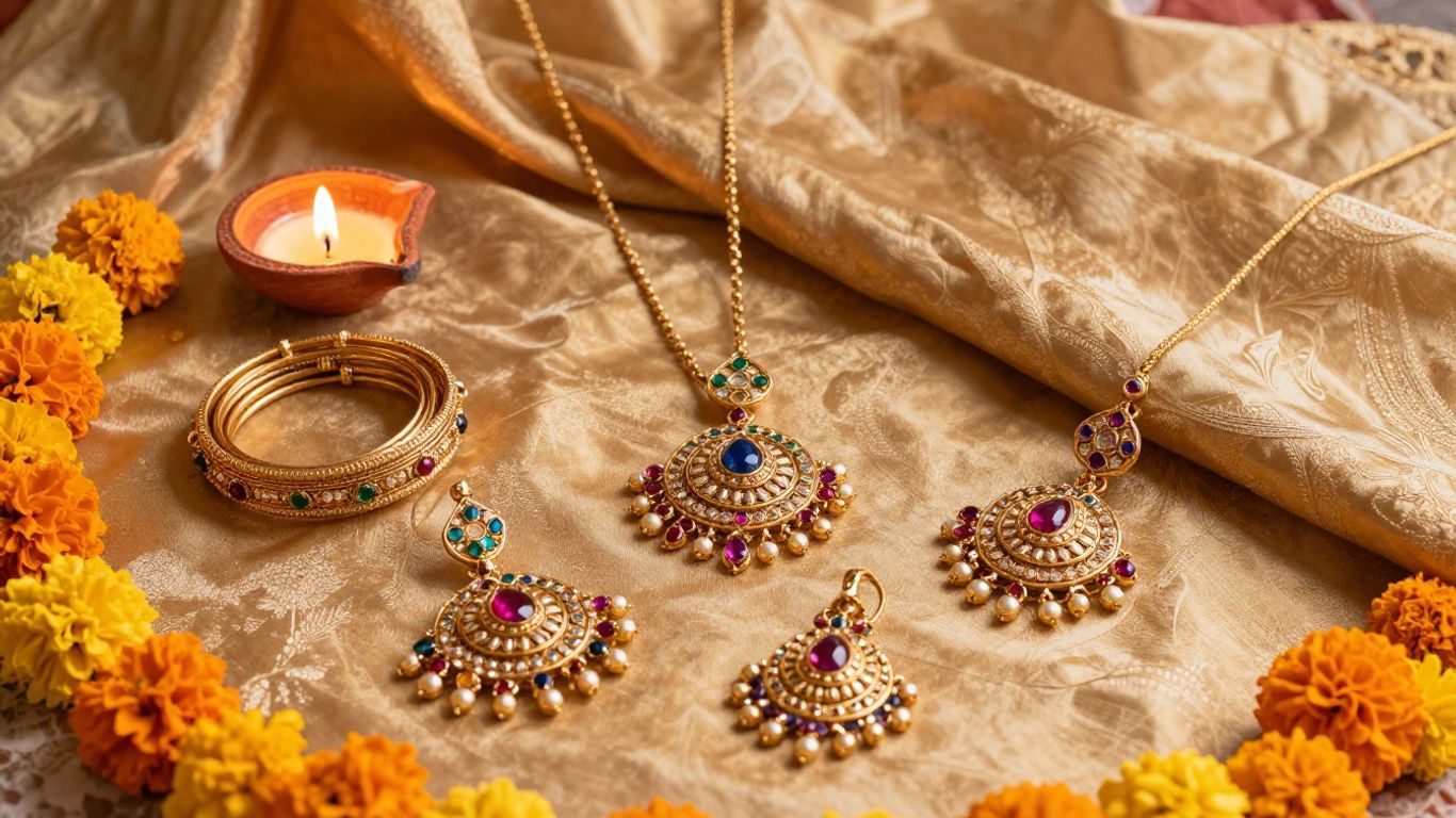 Diwali jewellery gifts arranged beside diyas