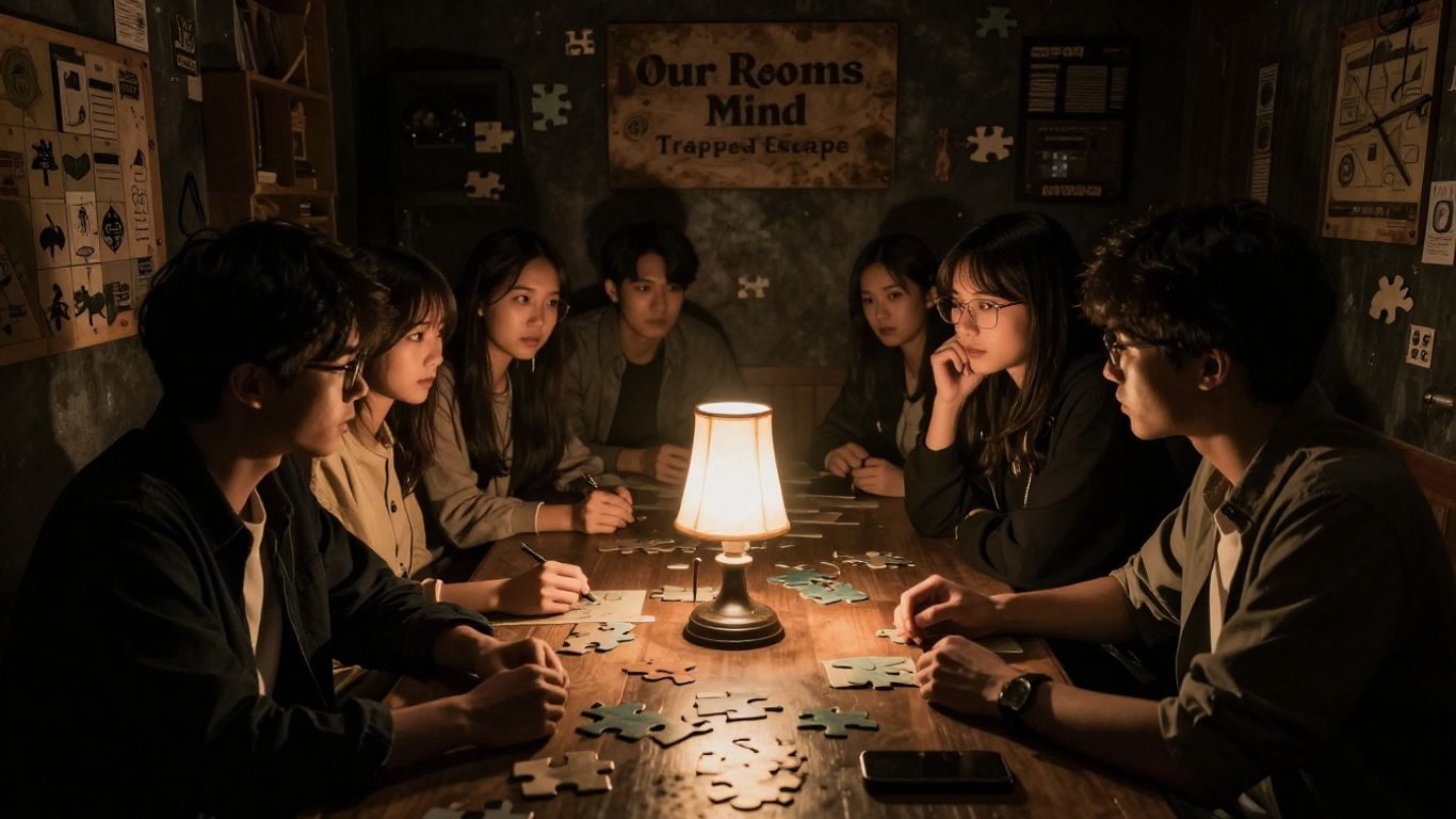 Escape room puzzles and players in 'Mind Trapped Escape'.