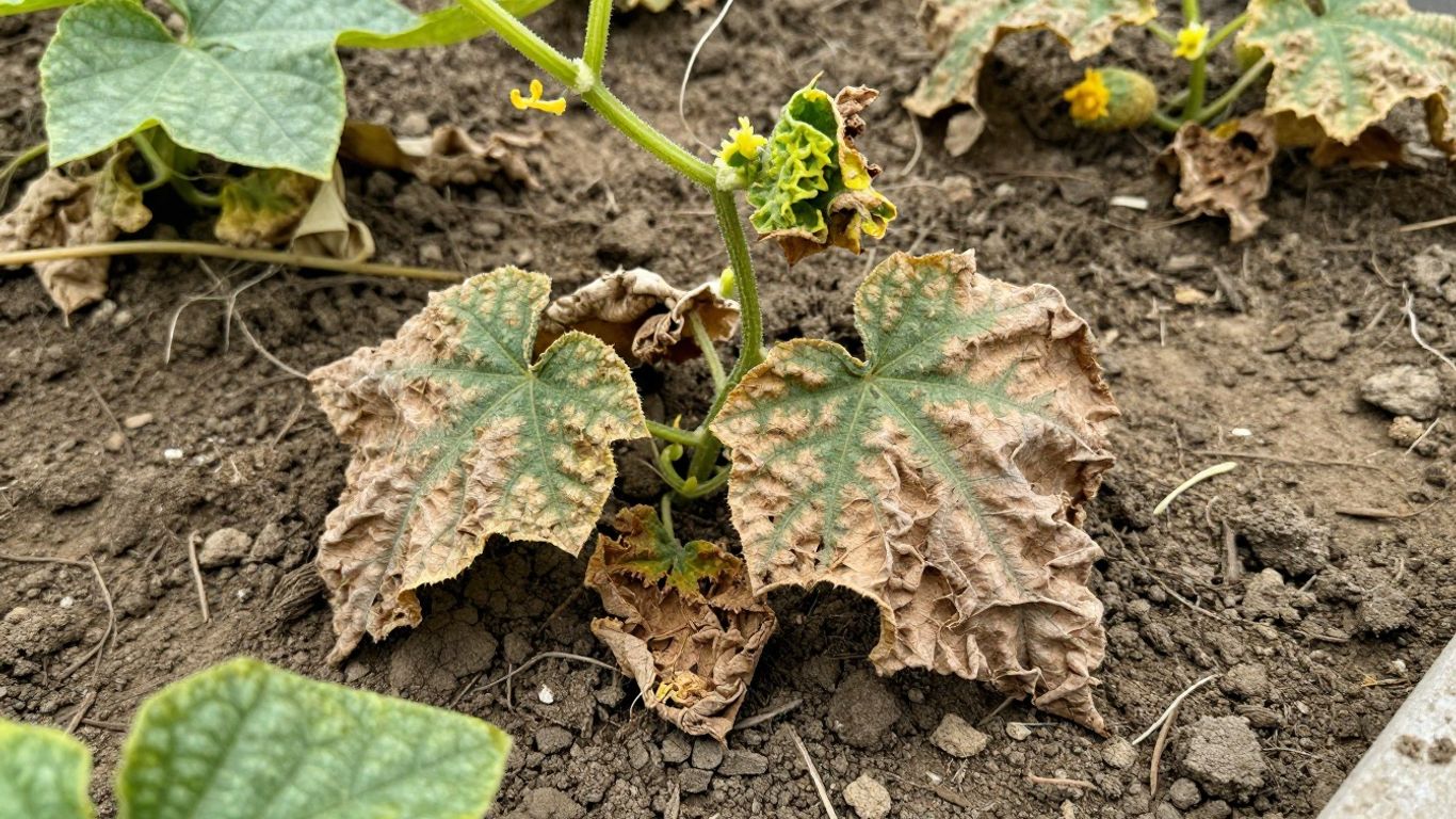 Vertrocknete Gurkenpflanze im Gartenboden