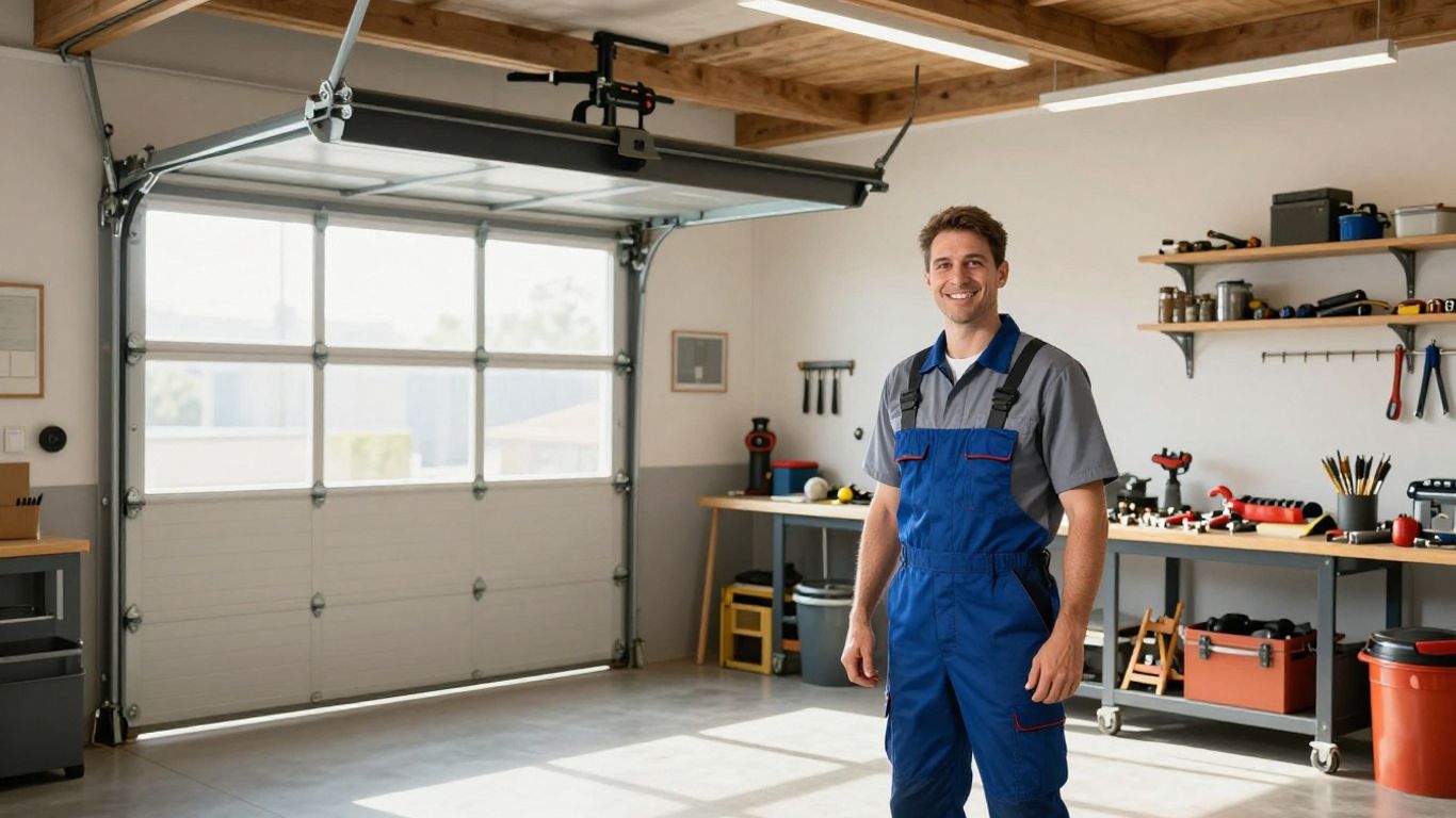 Jim's Garage Doors technician working on a modern garage door.