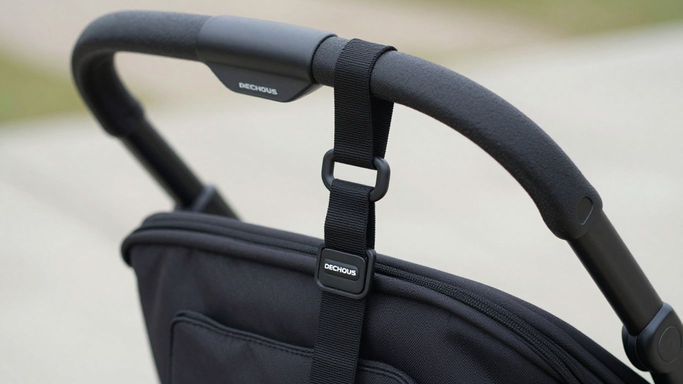 DECHOUS stroller strap hanger with diaper bag attached.