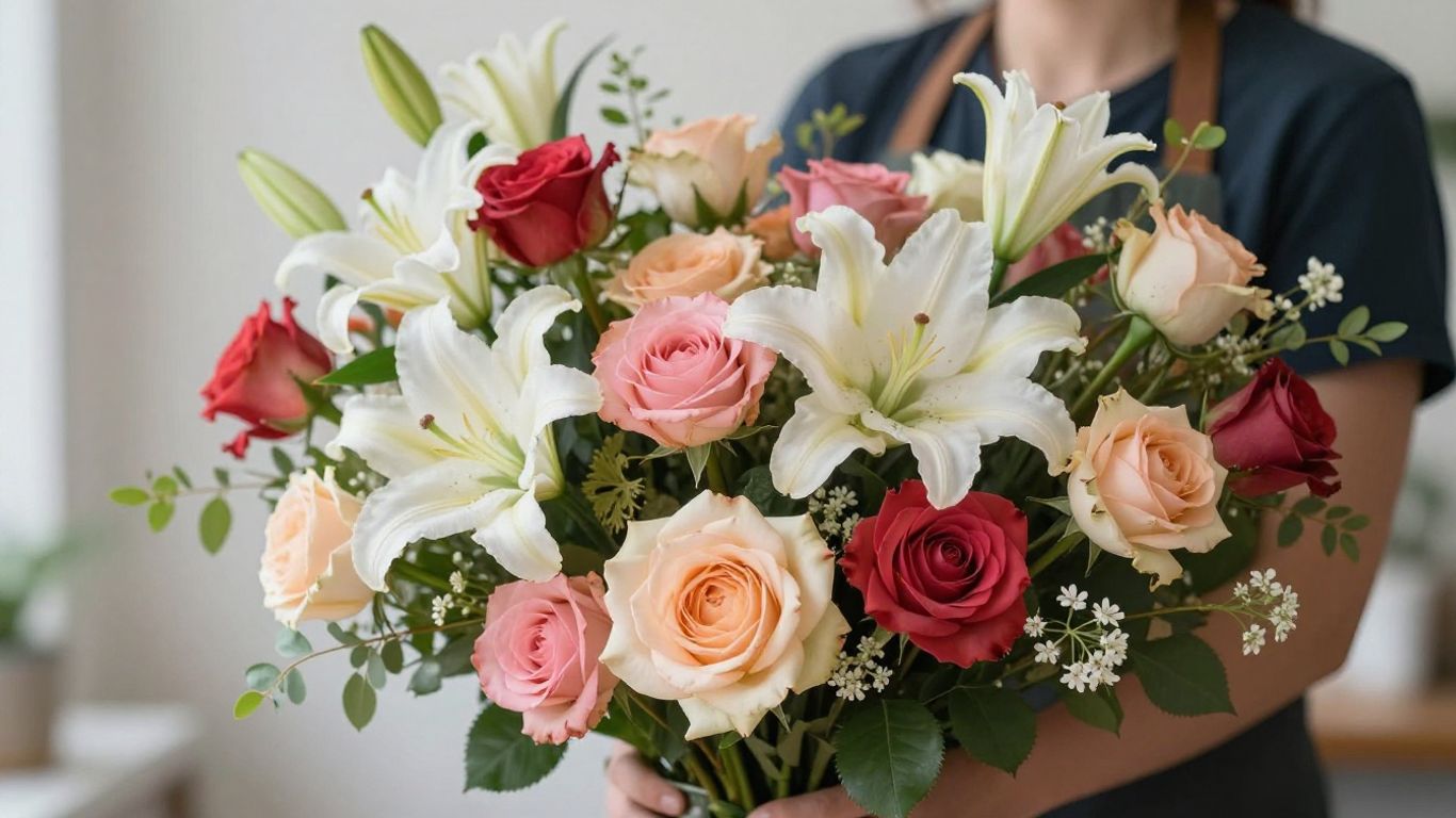 Stunning floral bouquet with vibrant roses and lilies.