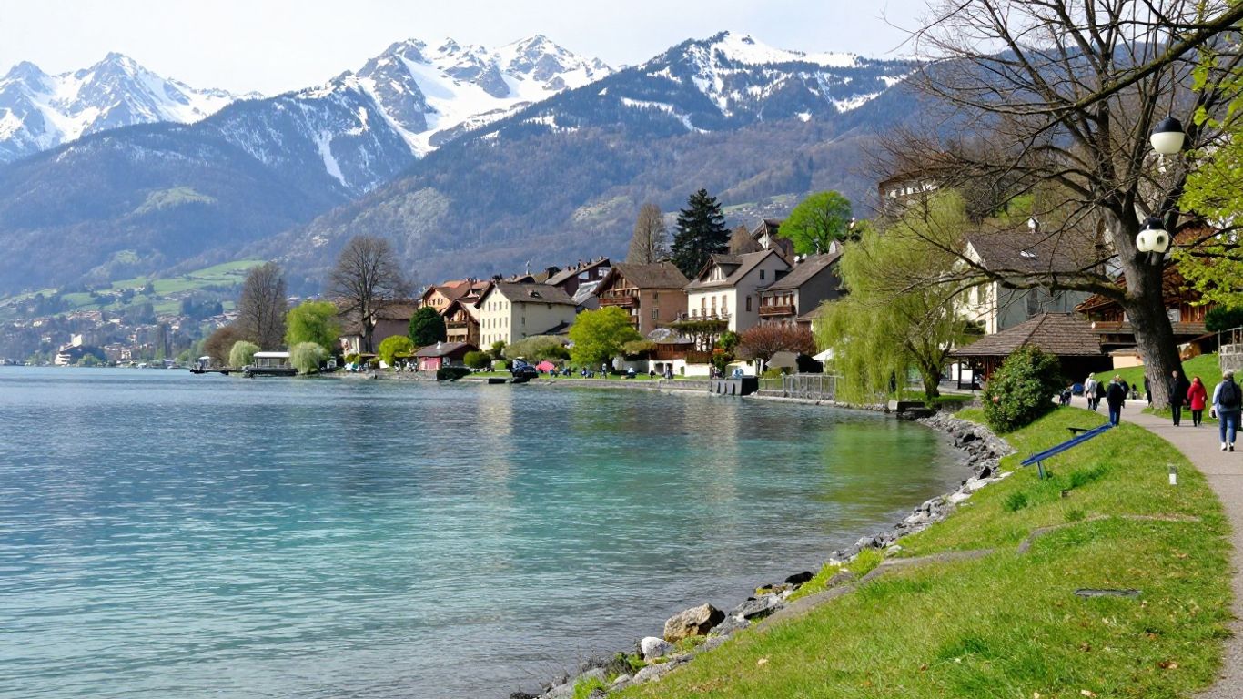 Lake Annecy shoreline with spring mountains