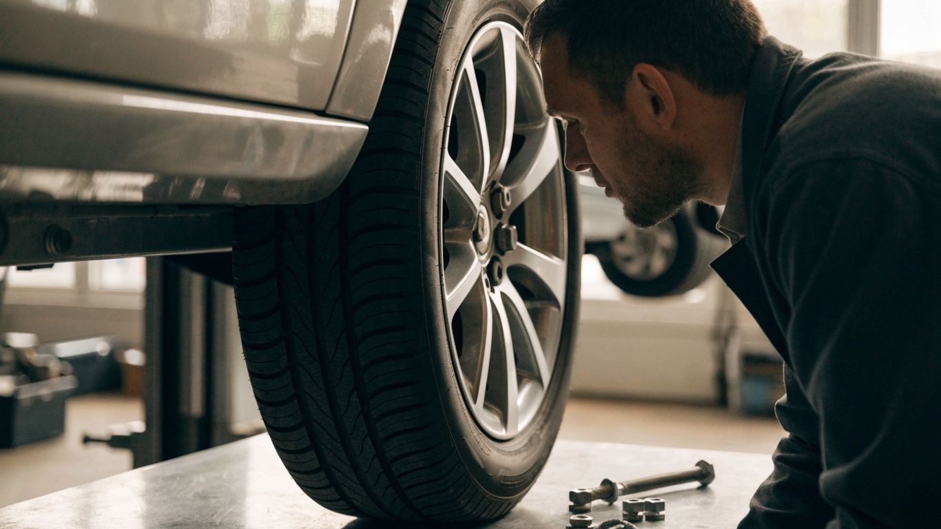 Wheel and tire being inspected beside a securely lifted vehicle