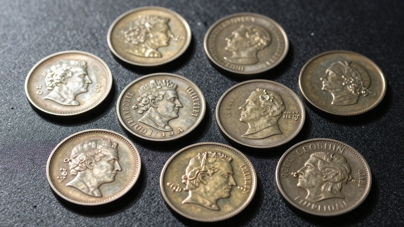 Antique coins with intricate designs and metallic sheens.