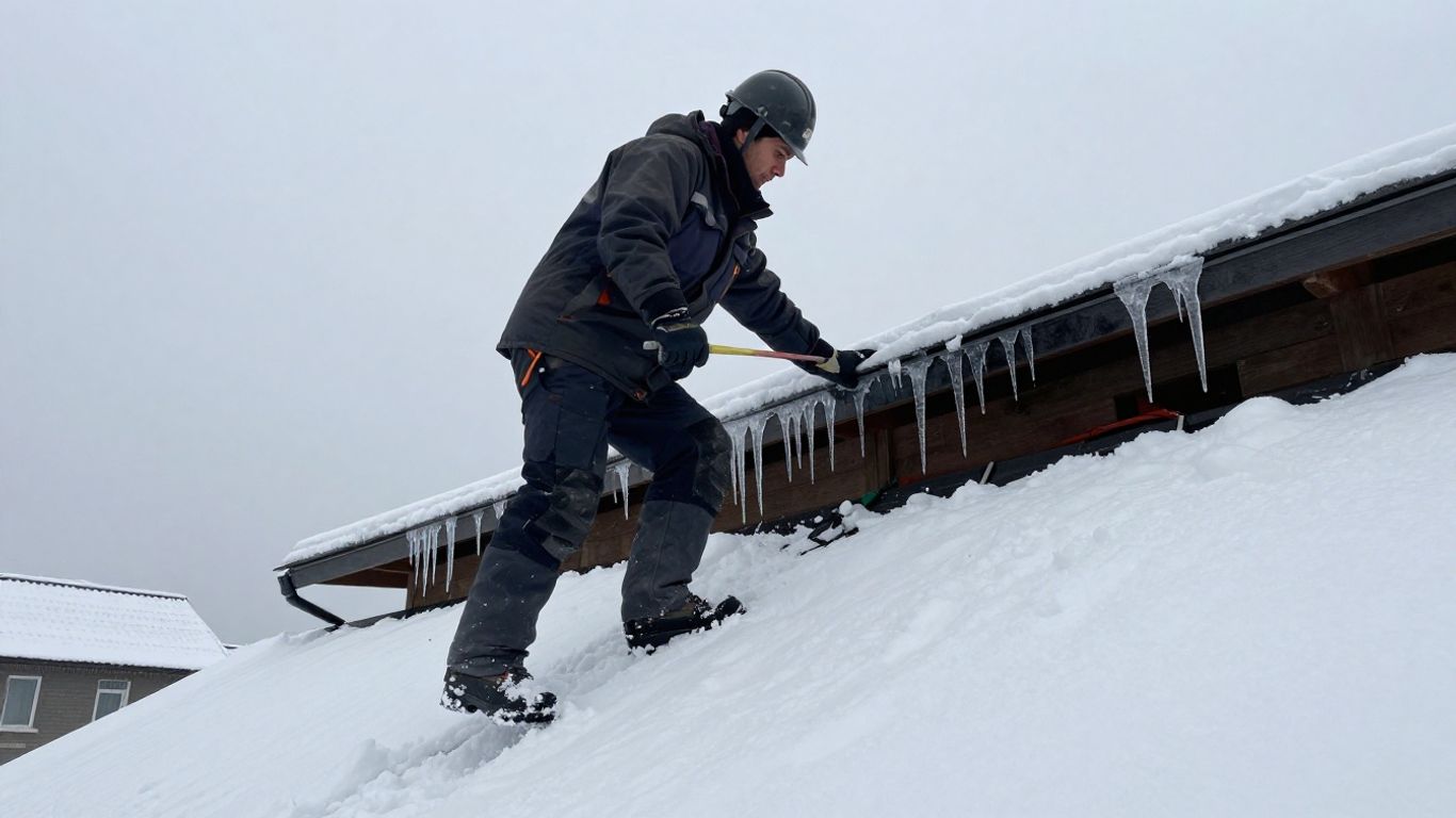 Roofer working on a cold, snowy roof in winter.