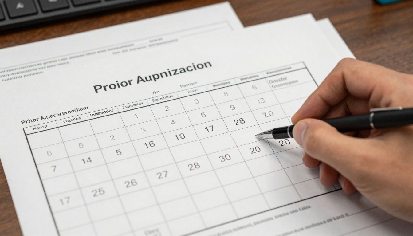 A billing specialist reviewing an approved prior authorization form beside a calendar showing scheduled treatment sessions; realistic professional office photograph, natural lighting, diverse representation reflecting the United States population, no patient distress and no clinical procedure close-up