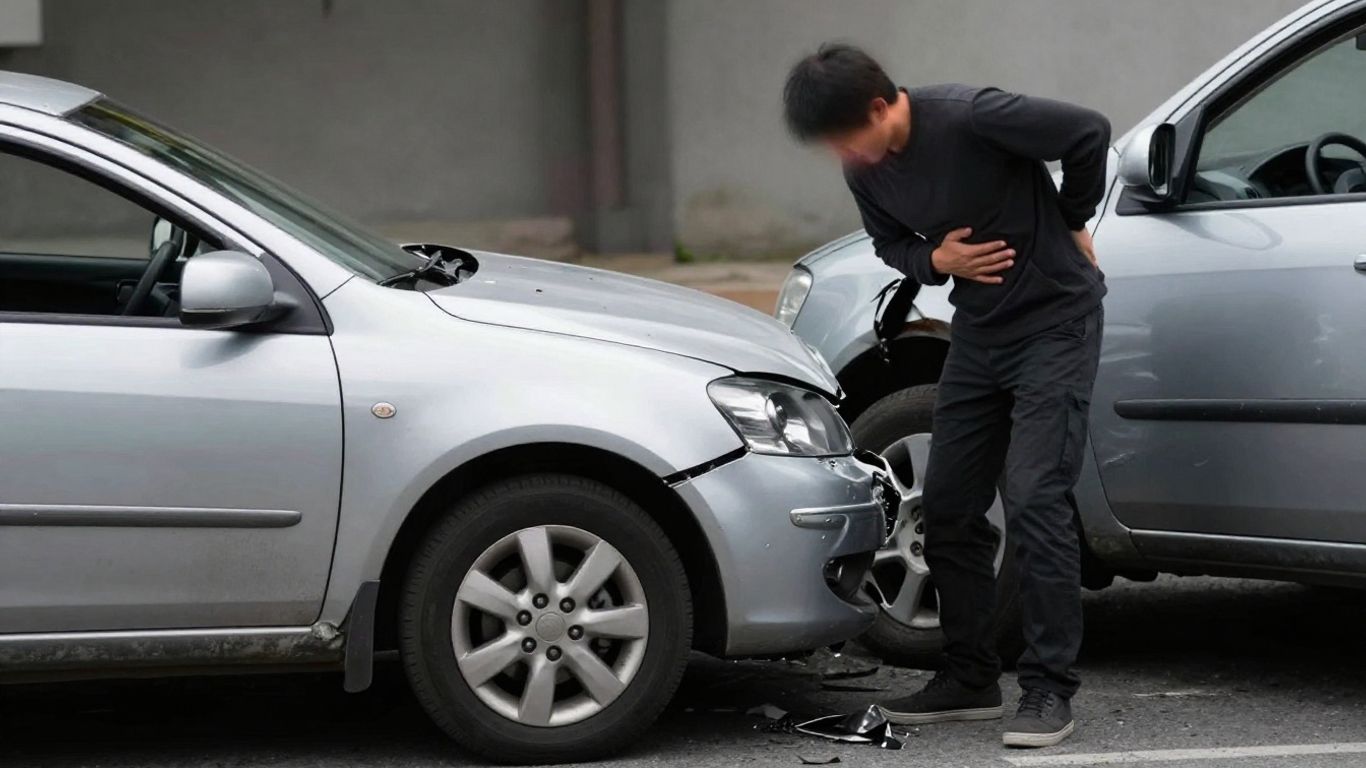 Car accident aftermath with back injury focus.