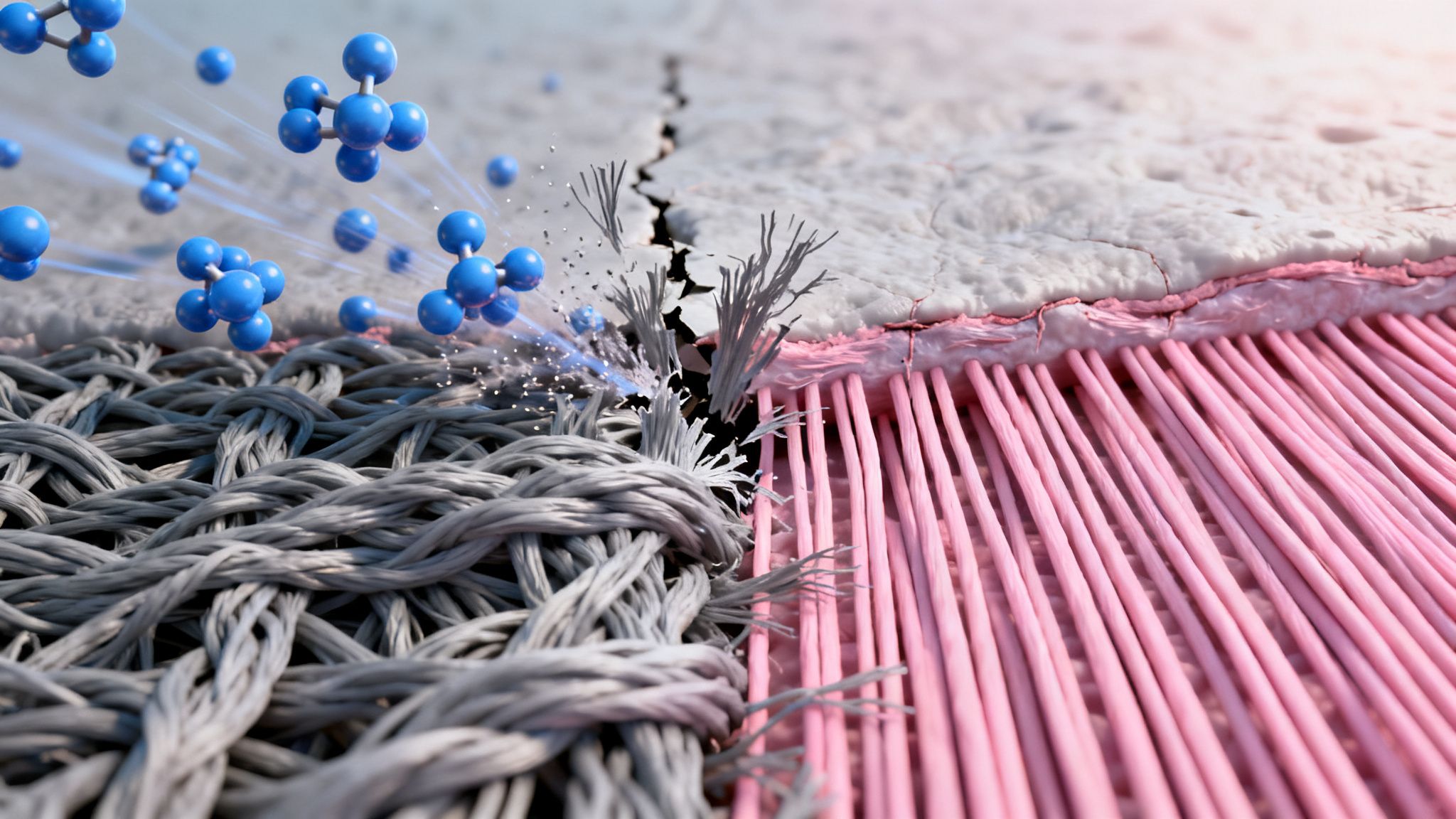 A digital illustration showing peptide molecules breaking down tough scar tissue fibers and replacing them with healthy, organized tissue.