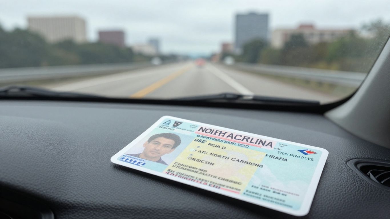 NC traffic ticket on car dashboard with highway background.