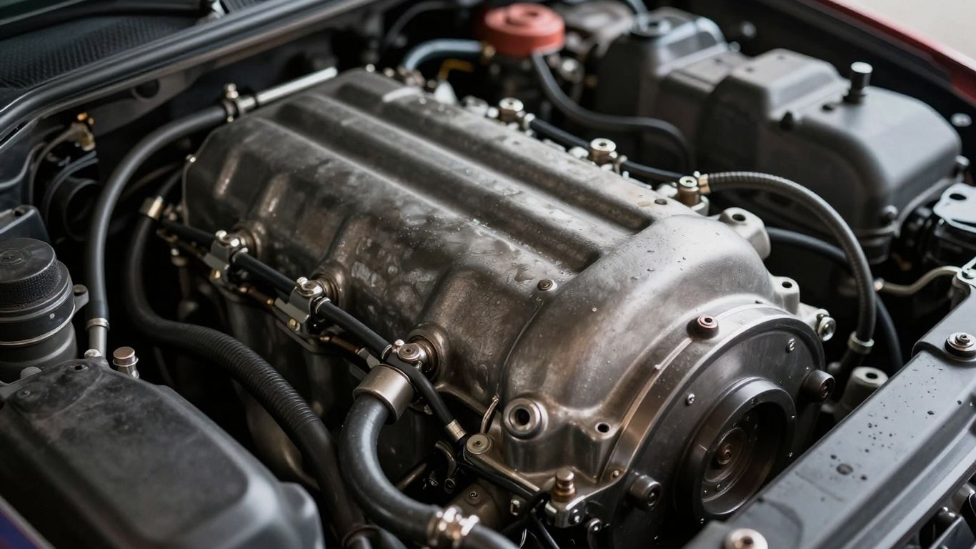 Close-up of a car engine with visible metal parts.