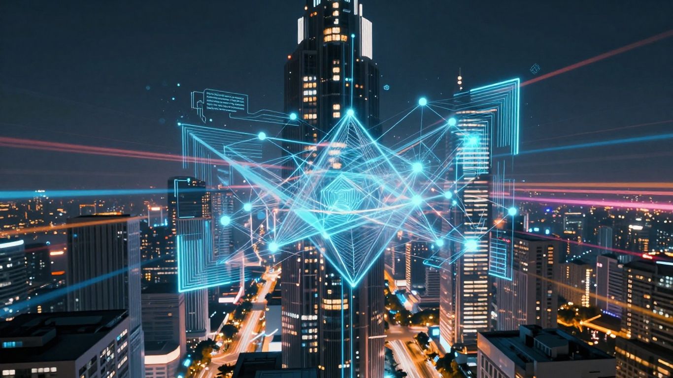 Futuristic cityscape with digital interfaces and light trails.