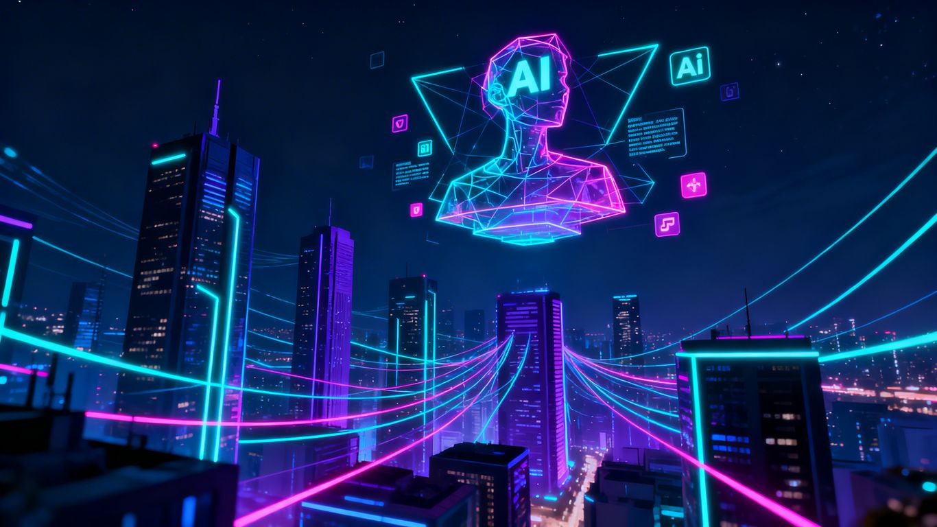 AI and schema markup translating data in a futuristic city.