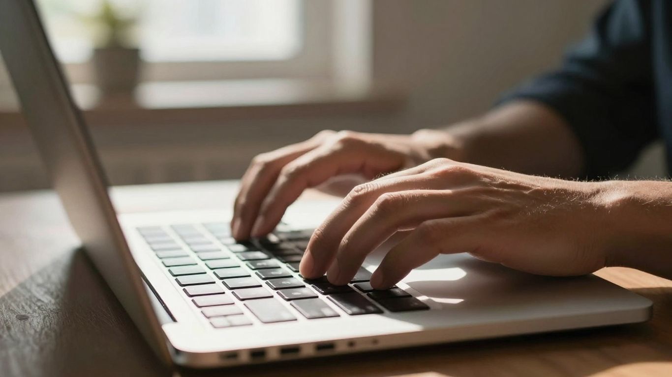 Hands typing on a laptop keyboard in sunlight.