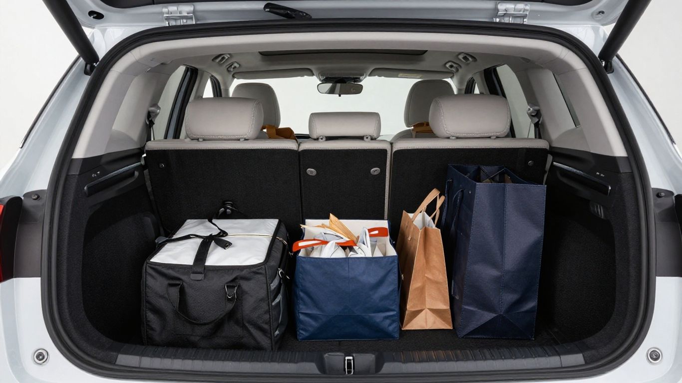 Kia EV3 boot space with luggage and shopping bags.