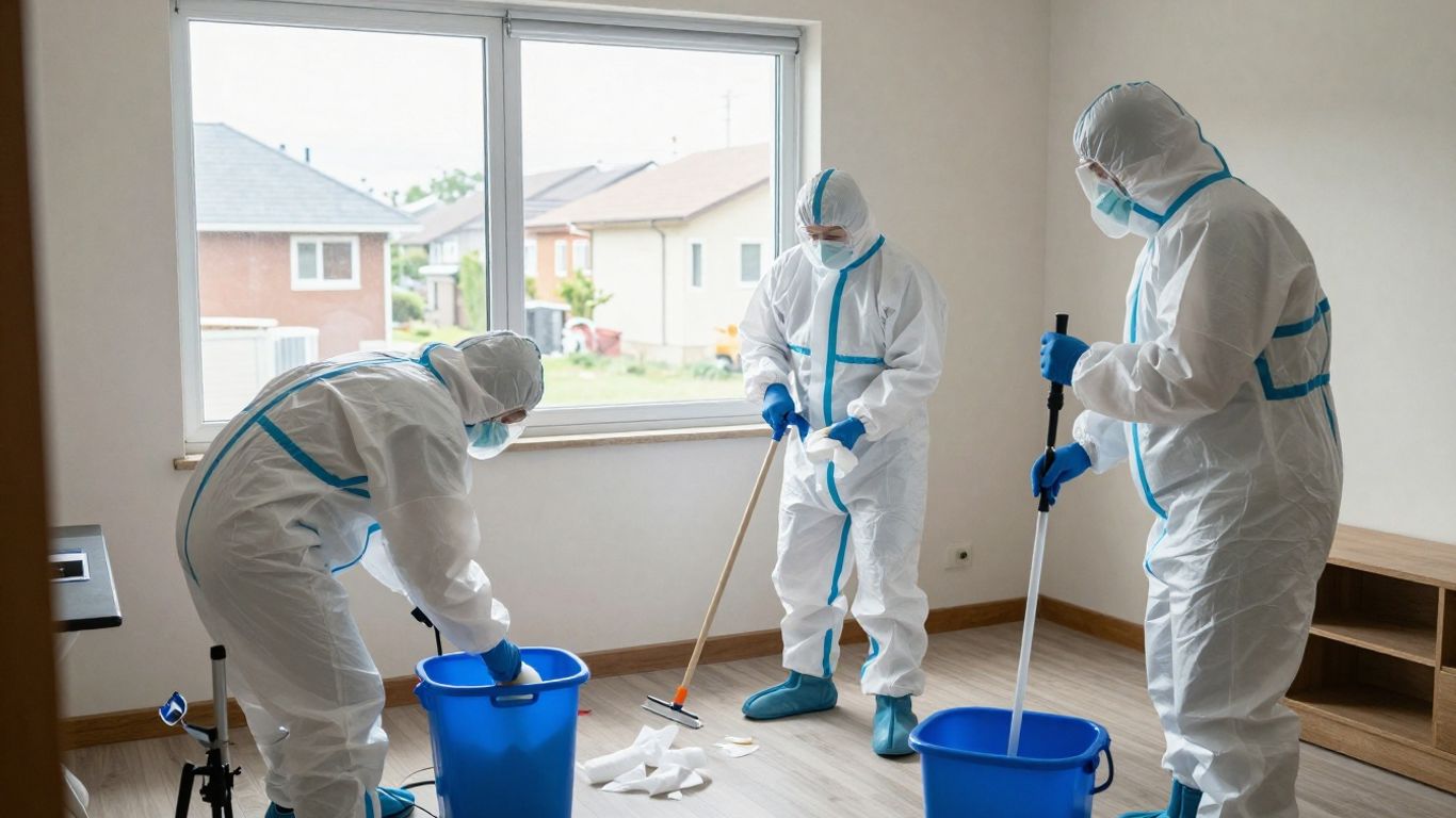 Team in hazmat suits cleaning residential biohazard scene