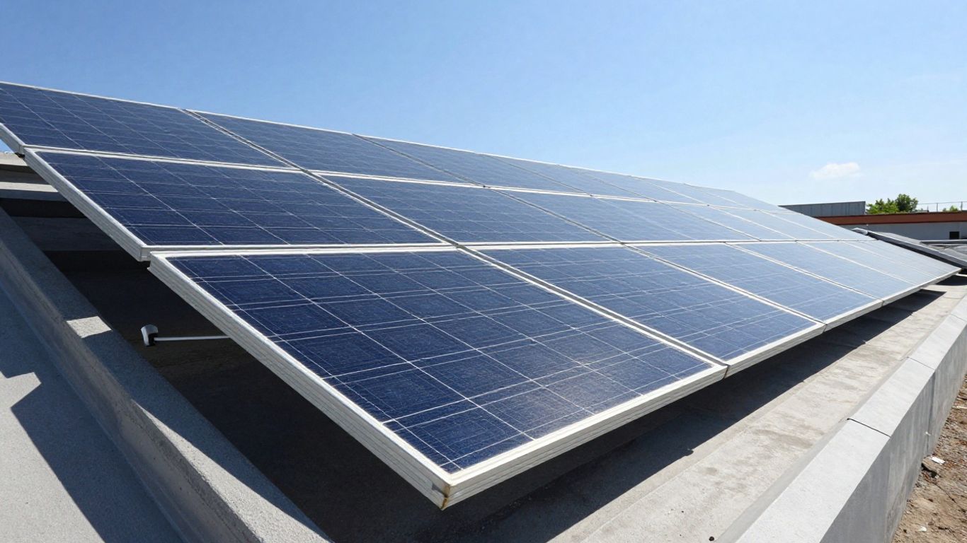 Photovoltaic solar panels on a sunny roof.