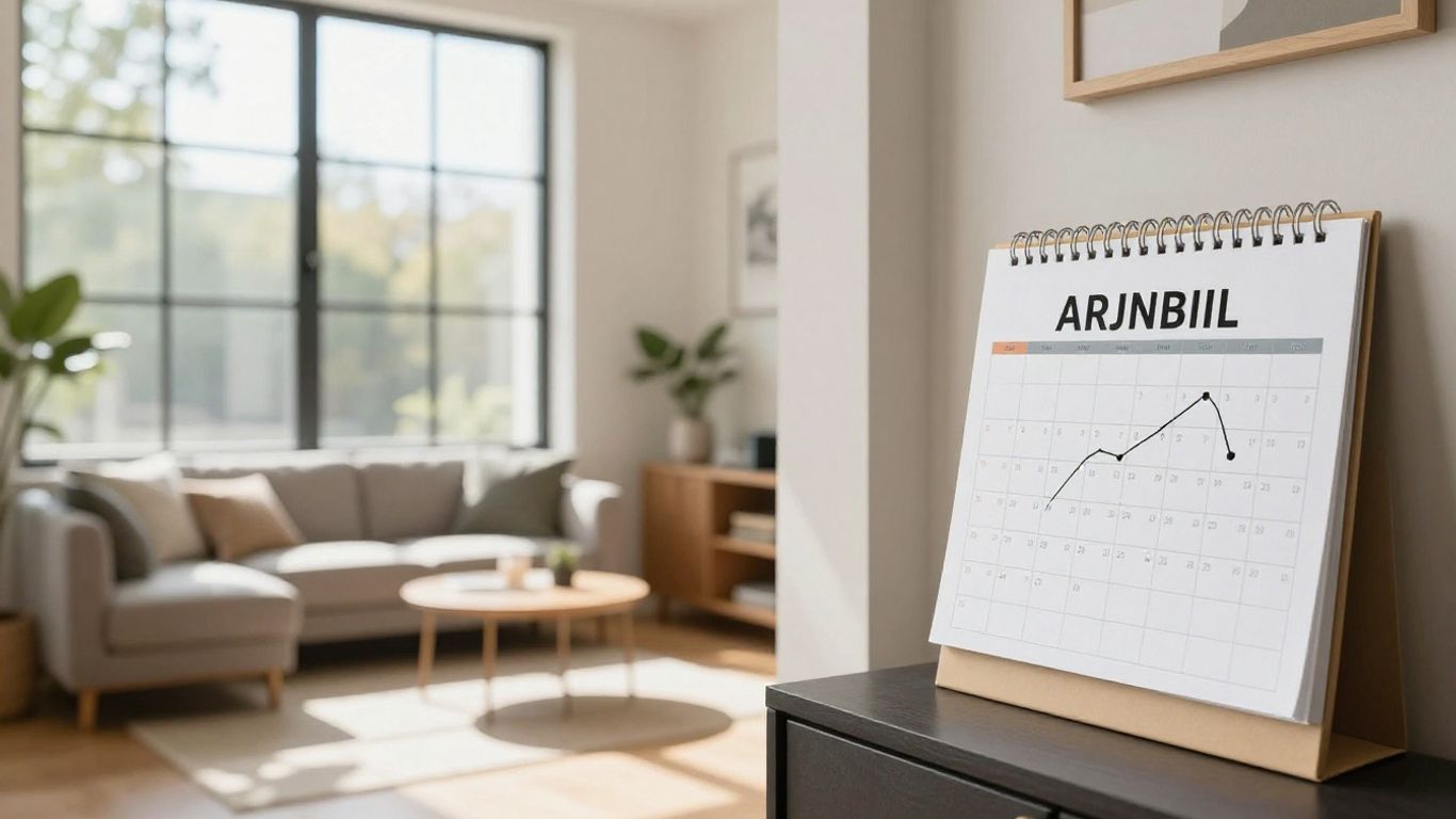 Airbnb interior with calendar and financial chart.