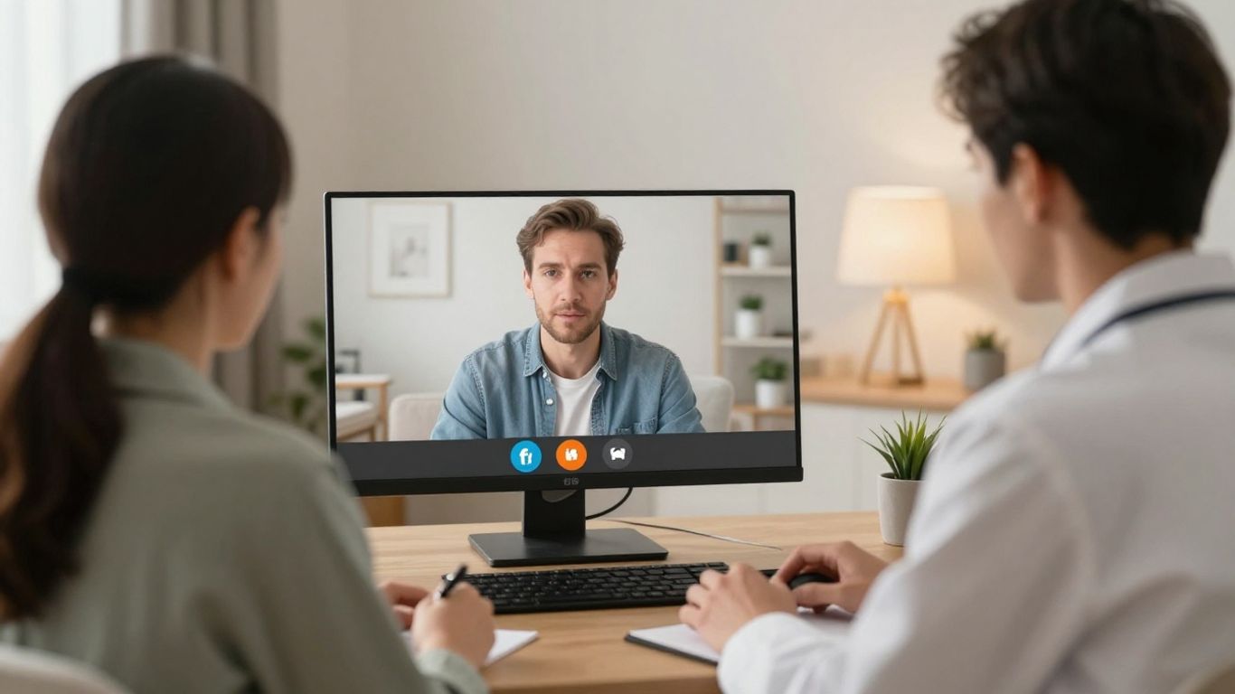 Psiquiatra atendendo paciente remotamente em consulta online.