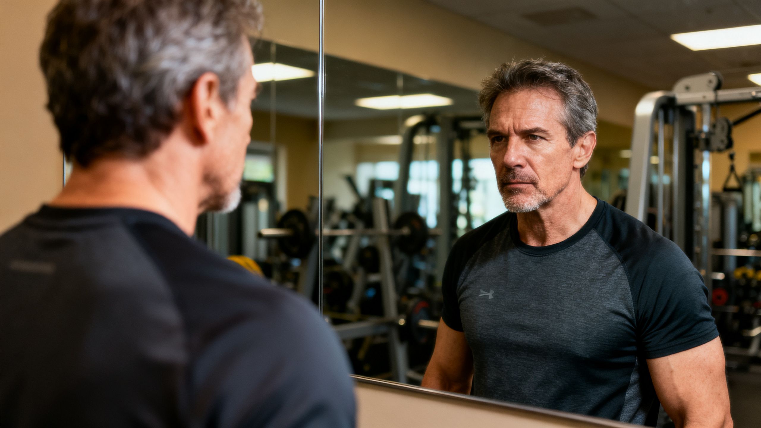 A determined man in his 40s looking at his reflection in a gym mirror, ready to work