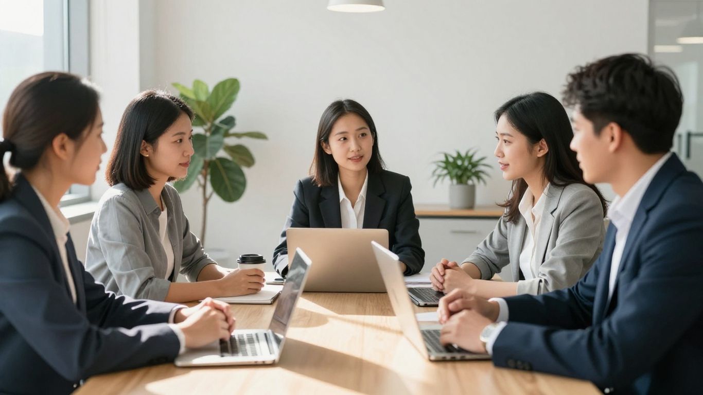 Team collaborating in a bright, modern office.