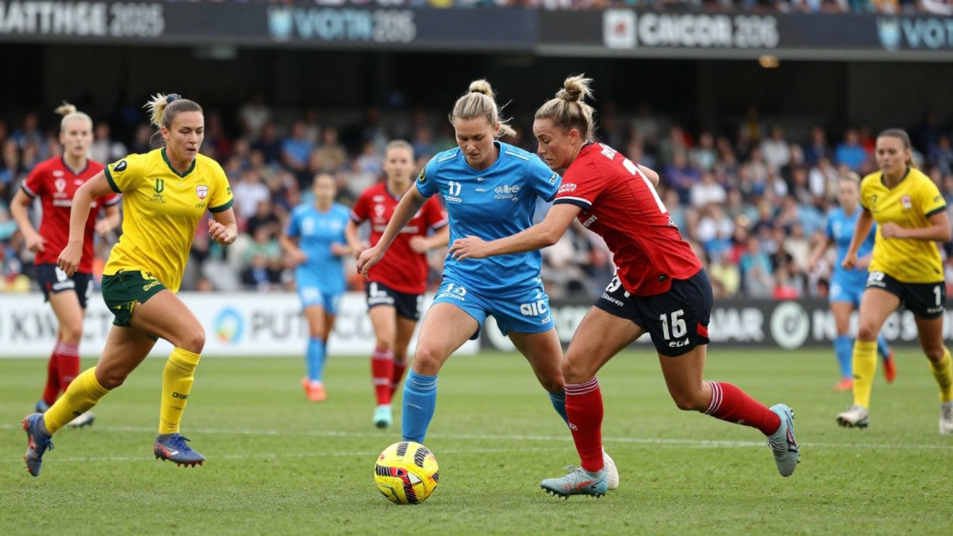 A-League Women soccer match action on a sunny field.