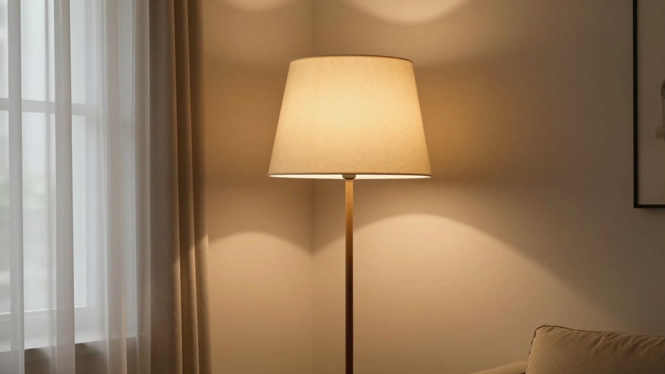 Tall lamp with a perfectly sized shade in a cozy room.