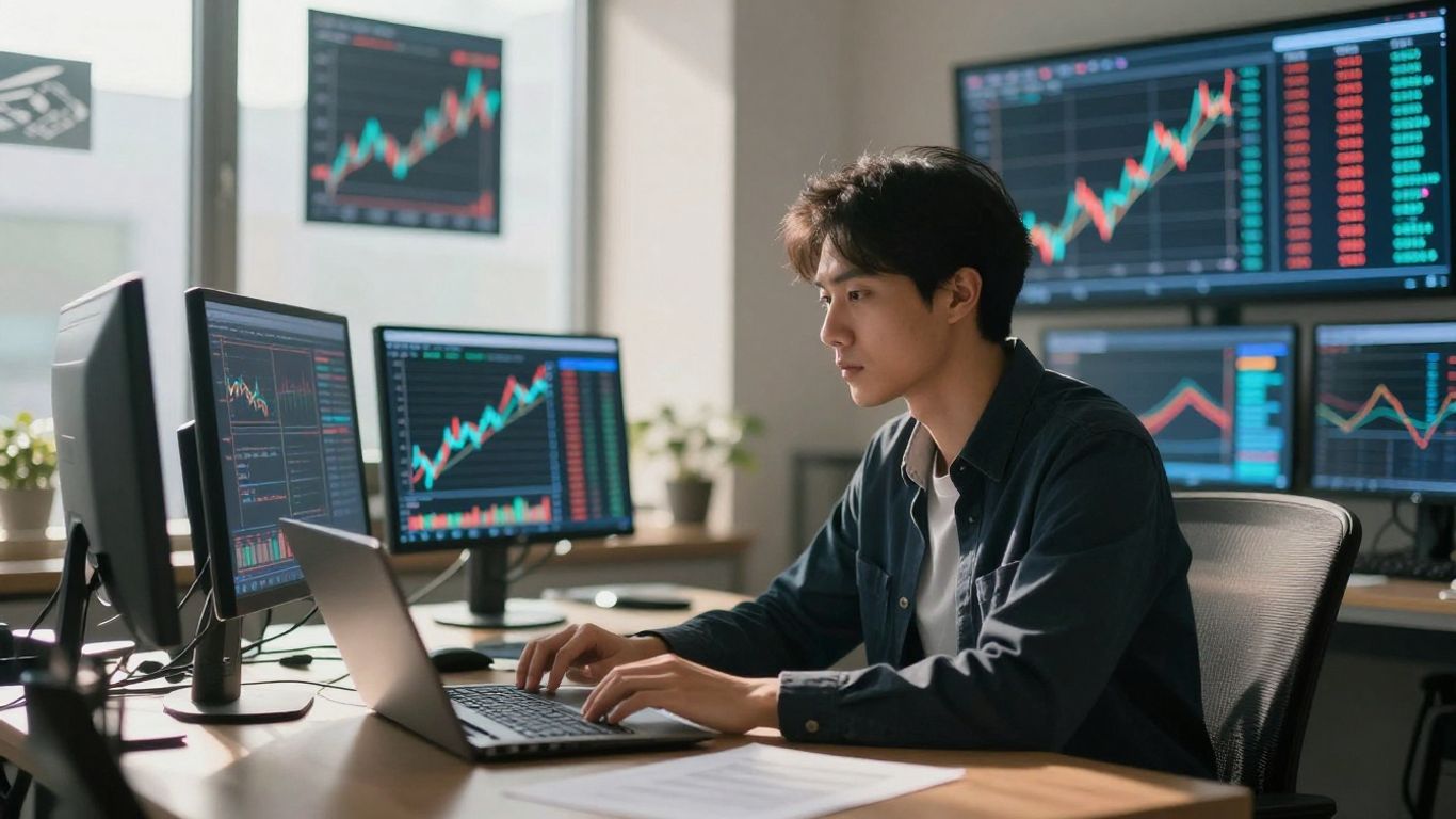 Trader focused on financial data, symbolizing growth and opportunity.